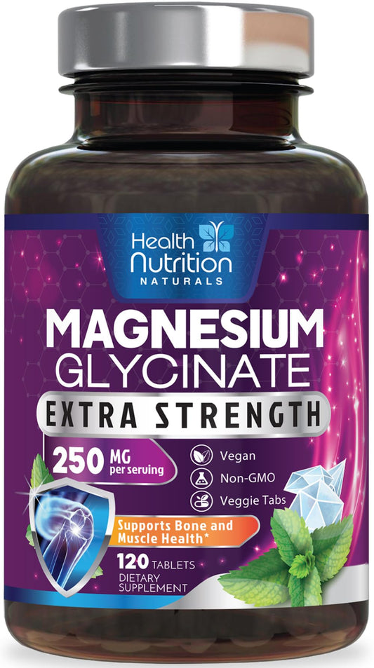Health Nutrition Naturals Magnesium Glycinate 250mg High Absorption 100% Chelated Magnesium Formula - Muscle, Nerves, Bone & Heart Health Support - Gluten-Free Non-GMO Vegan - Tablet, 120 Tablets