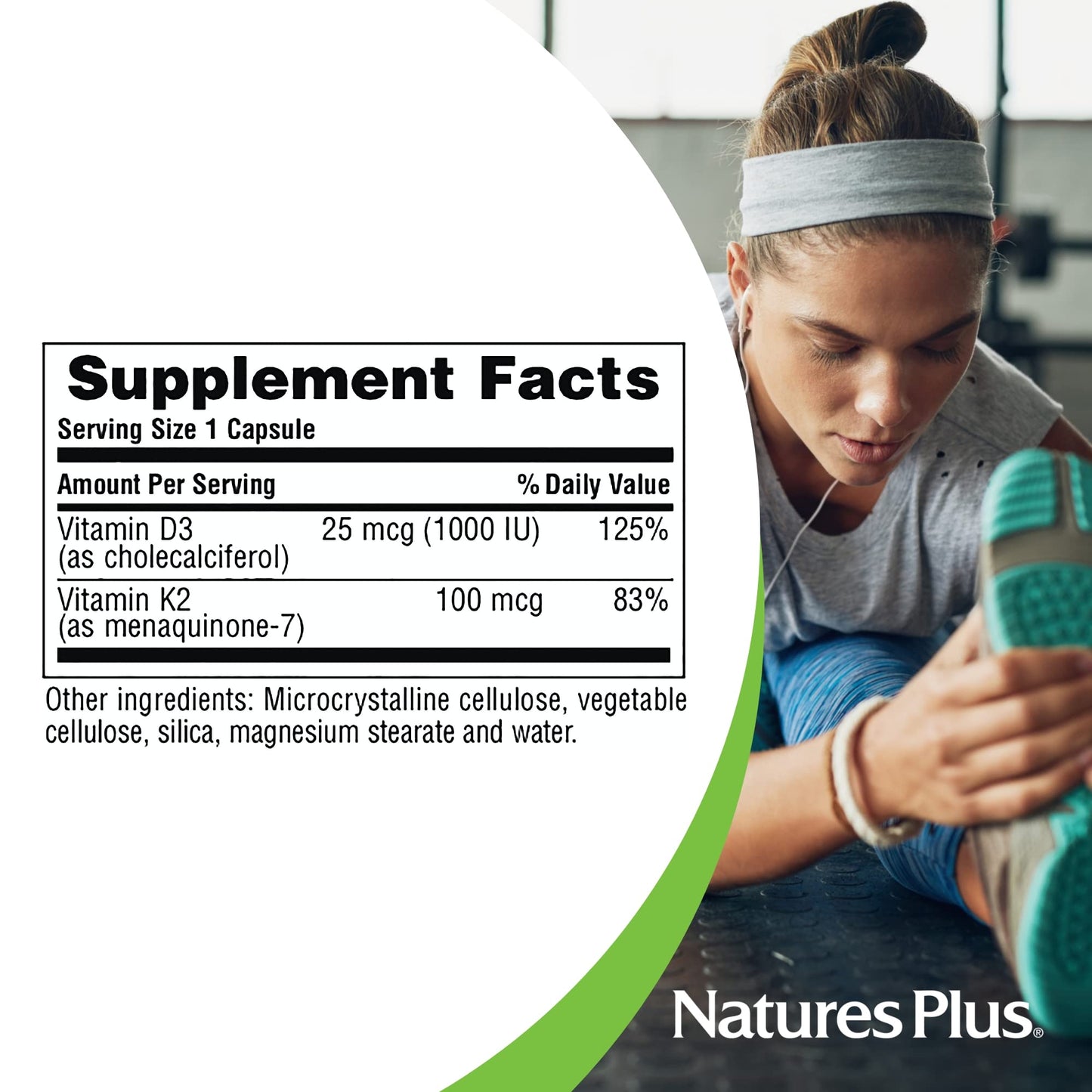 NaturesPlus Vitamin D3 (1000 IU) & K2 (100 mcg) Capsules, 90 Count