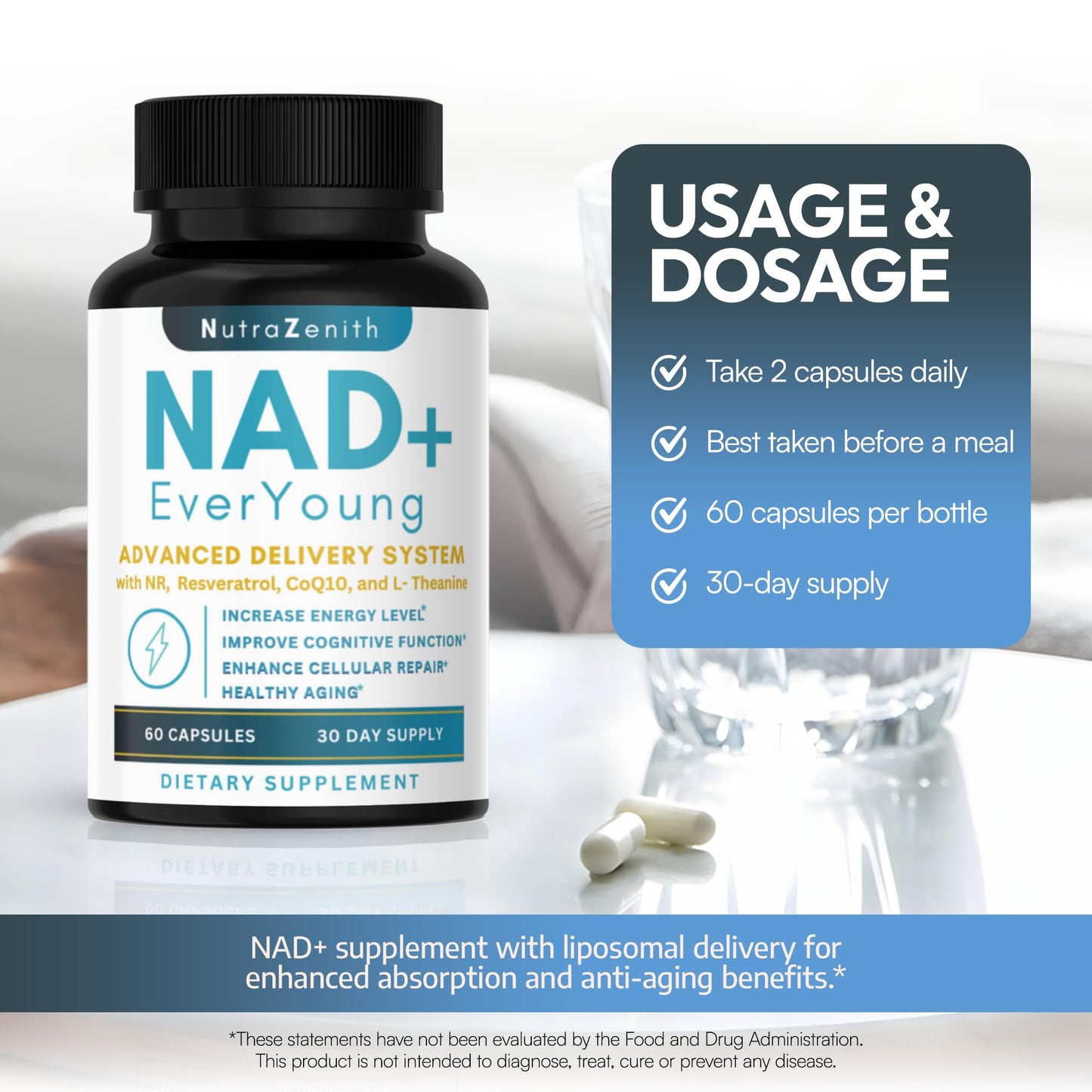Arazo Nutrition NAD+ Supplement with Nicotinamide Riboside (NMN Alternative), CoQ10 & Resveratrol, 60 Capsules