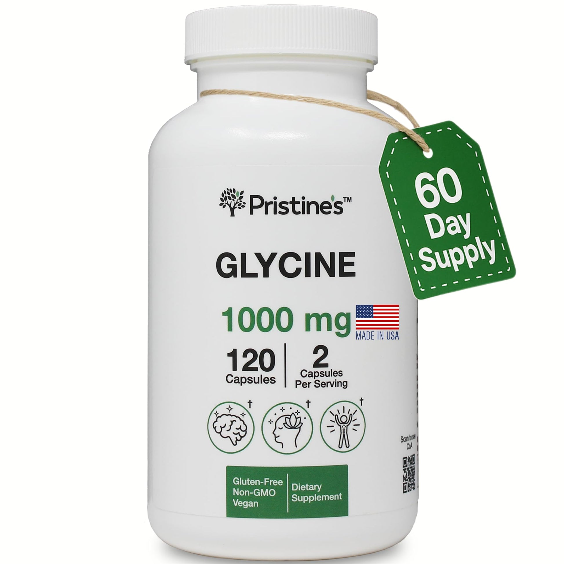 PRISTINE'S Glycine 1000mg Amino Acid Capsules, Sleep Support, Vegan, 120 Count
