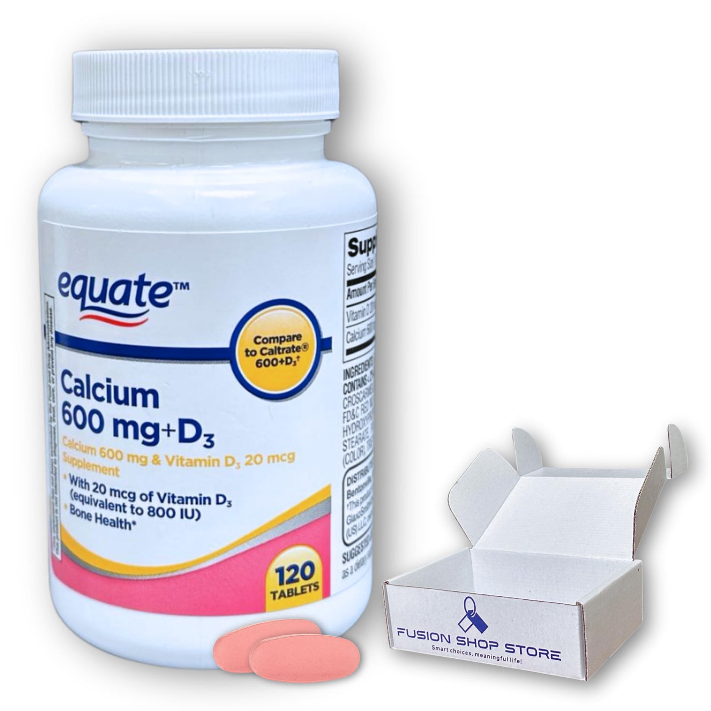 Fusion Shop Store Calcium 600 mg with Vitamin D3 Tablets, 200 Count