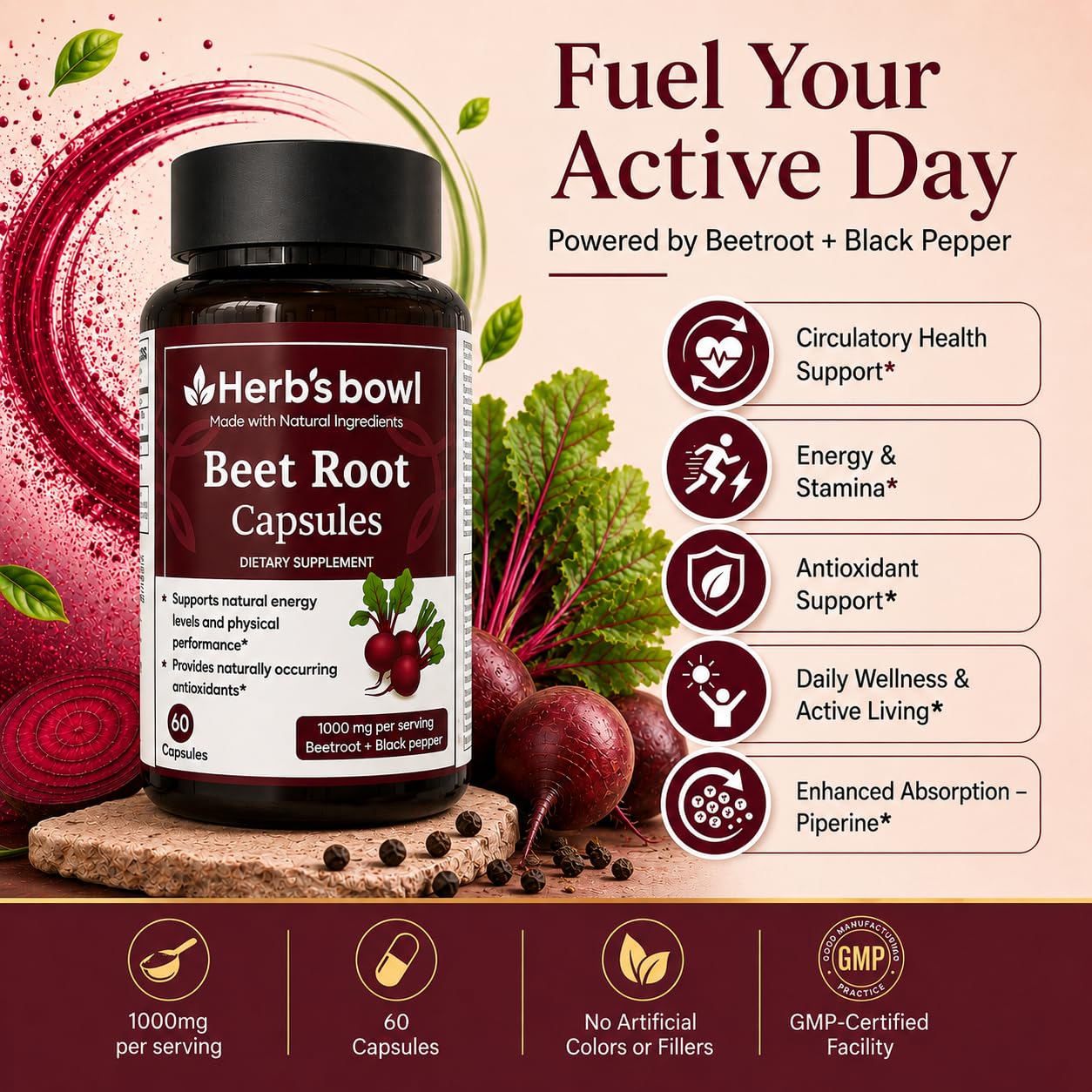 Herb'sbowl Organic Beet Root Capsules with Black Pepper, 60 Capsules