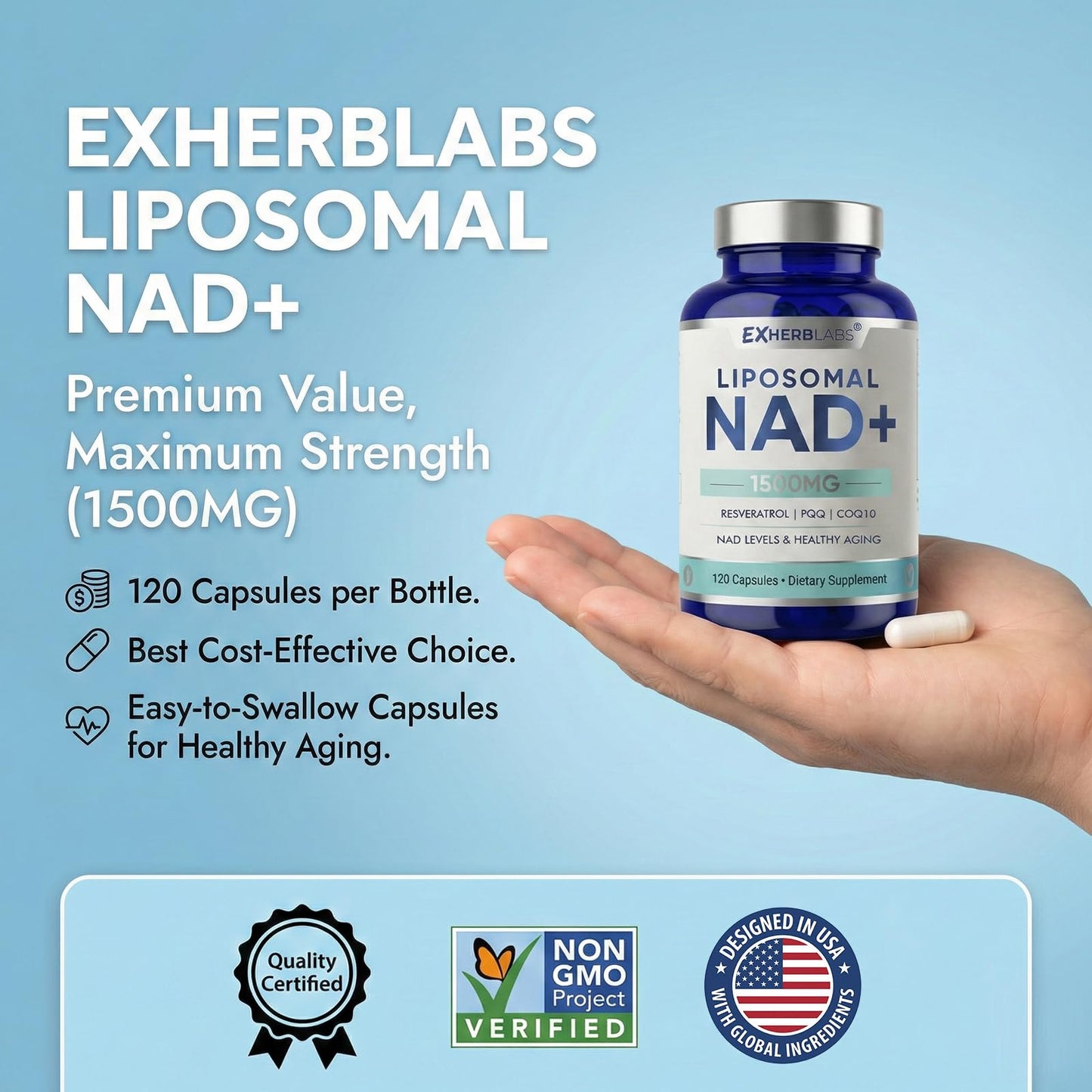 EXHERBLABS NAD+ Supplement 1500 mg with Resveratrol - Liposomal NAD+ for Cellular Energy & Healthy Aging, 120 Capsules