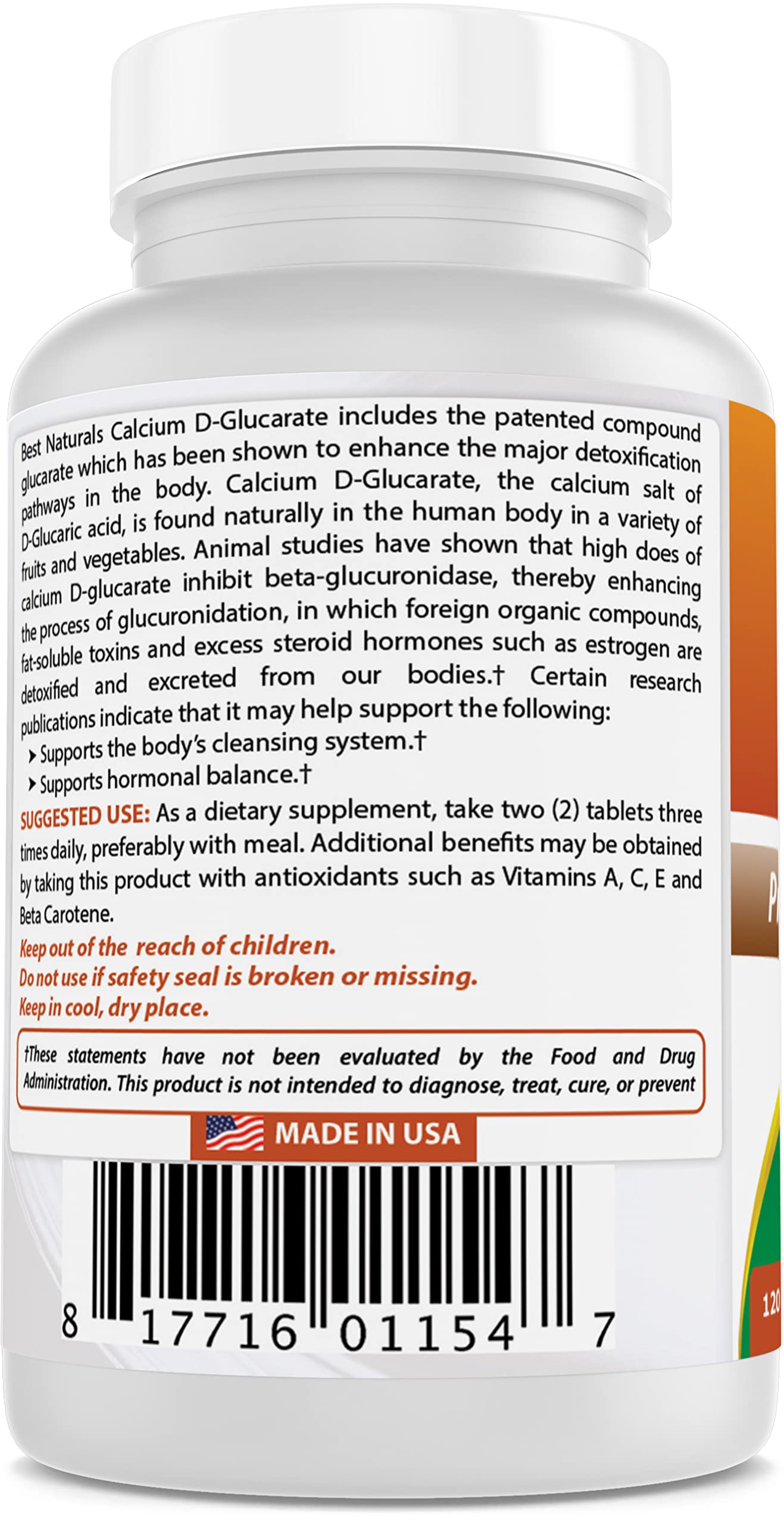 Best Naturals Calcium D-Glucarate 200 mg Tablets, 120 Count