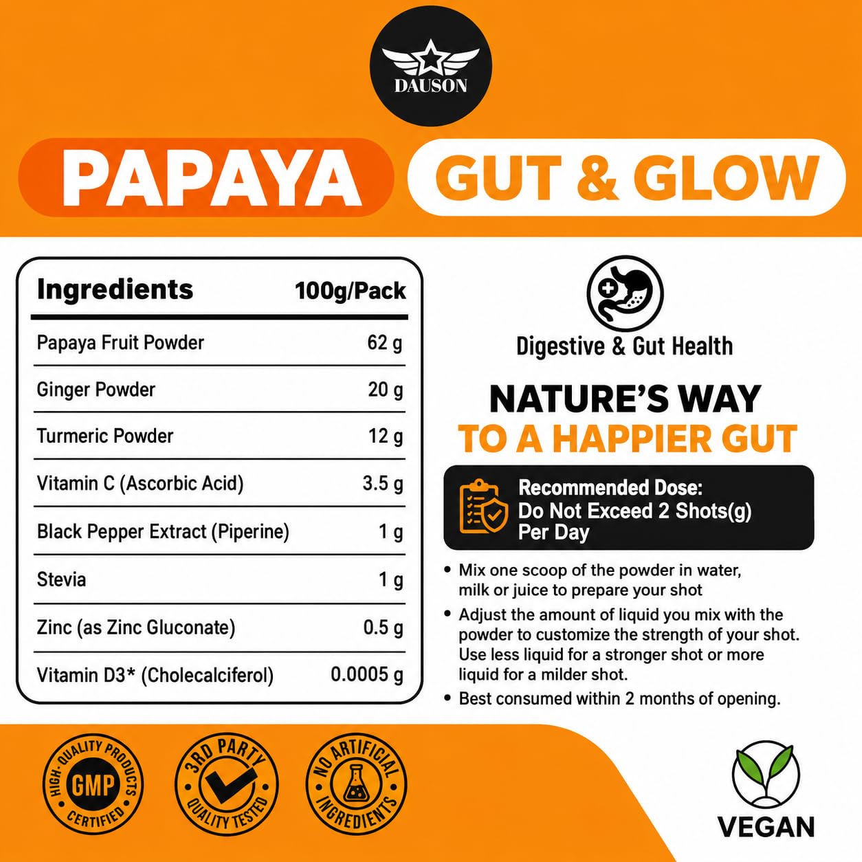 DAUSON Papaya Shots for Healthy Gut & Glowing Skin Powder 3.53 Ounce