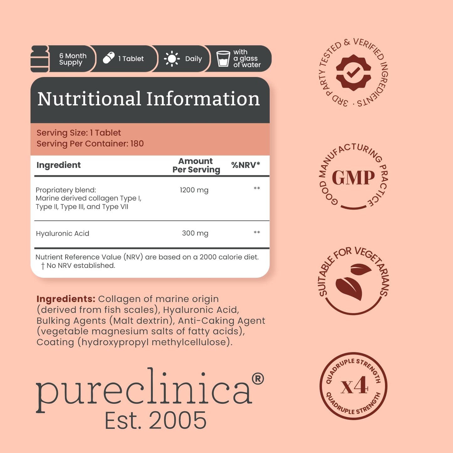PureClinica UltraColl Collagen with Hyaluronic Acid 180 Tablets