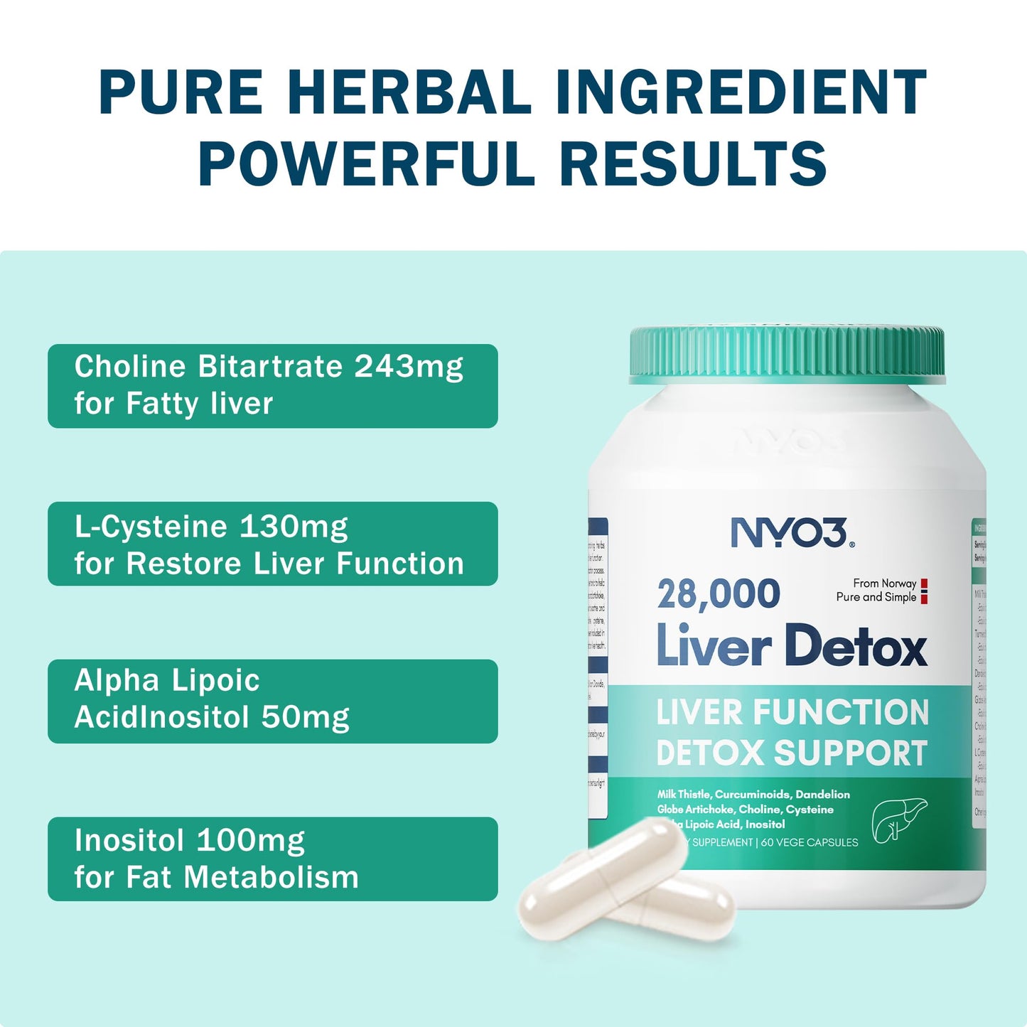 NYO3 Milk Thistle 200mg Liver Detox Supplement with Dandelion Root & Artichoke Extract, 60 Capsules