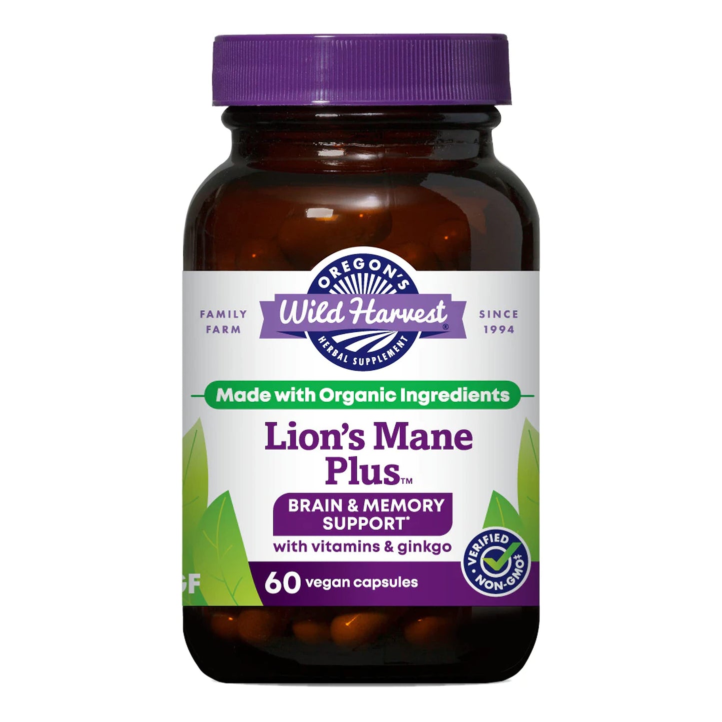 Oregon's Wild Harvest Lion's Mane Plus Brain & Memory Support with Vitamins & Ginkgo Capsule, 60 Count