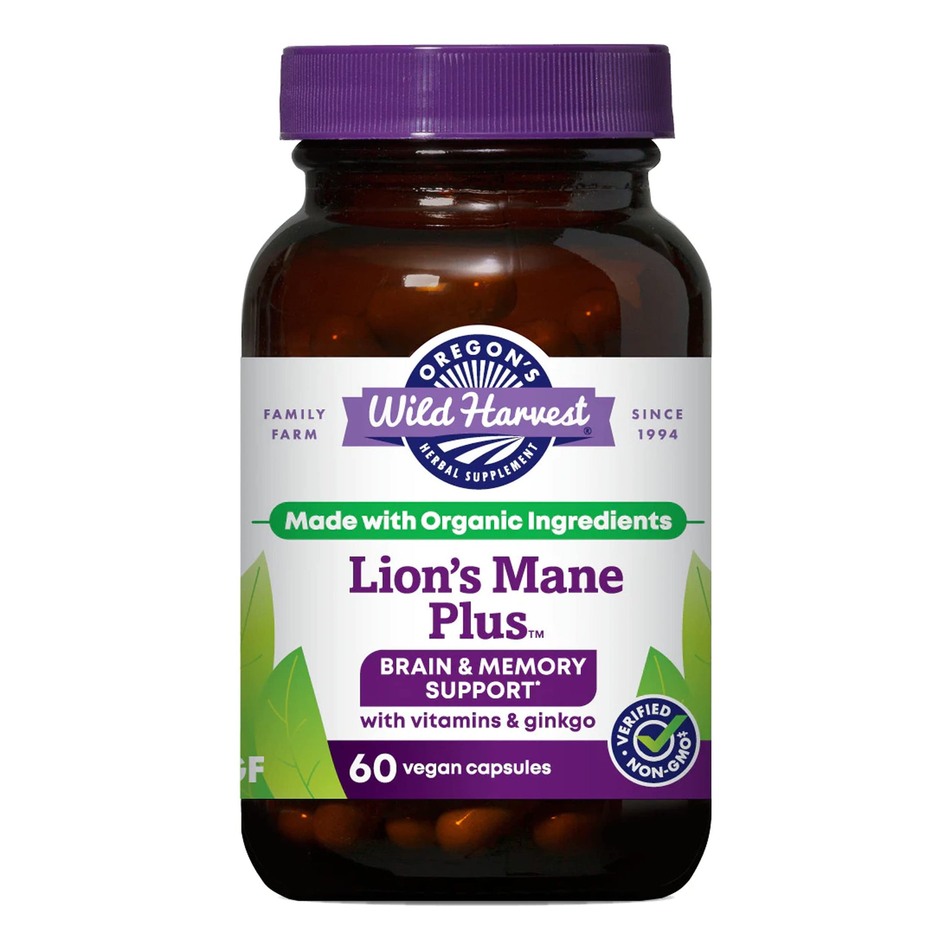 Oregon's Wild Harvest Lion's Mane Plus Brain & Memory Support with Vitamins & Ginkgo Capsule, 60 Count