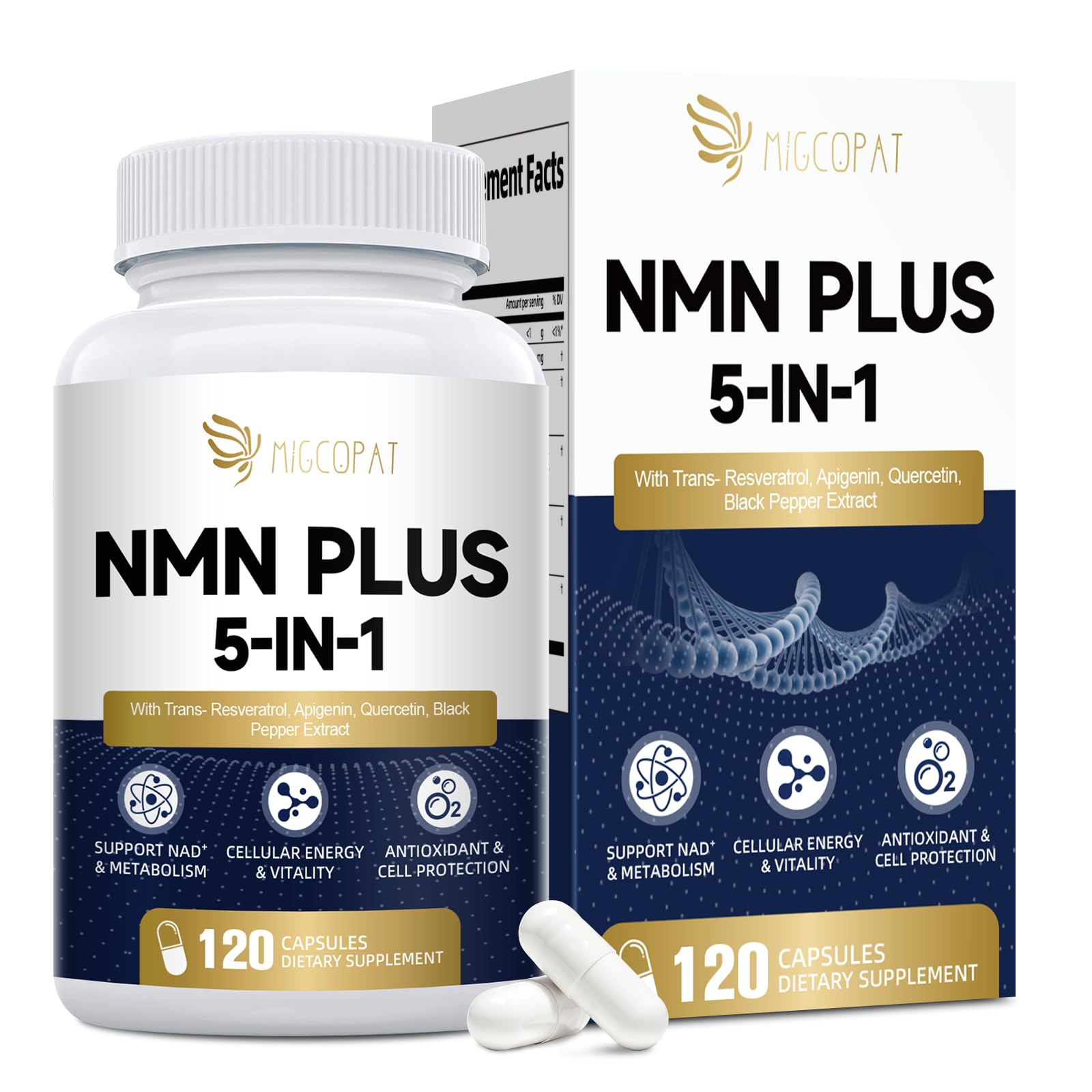 Migcopat NMN Supplement 1000mg NMNH Alternative 5-in-1 NAD Supplement with Resveratrol, Apigenin, Quercetin & Black Pepper – Supports Cellular Energy, Healthy Aging & Longevity – 120 Veggie Capsules