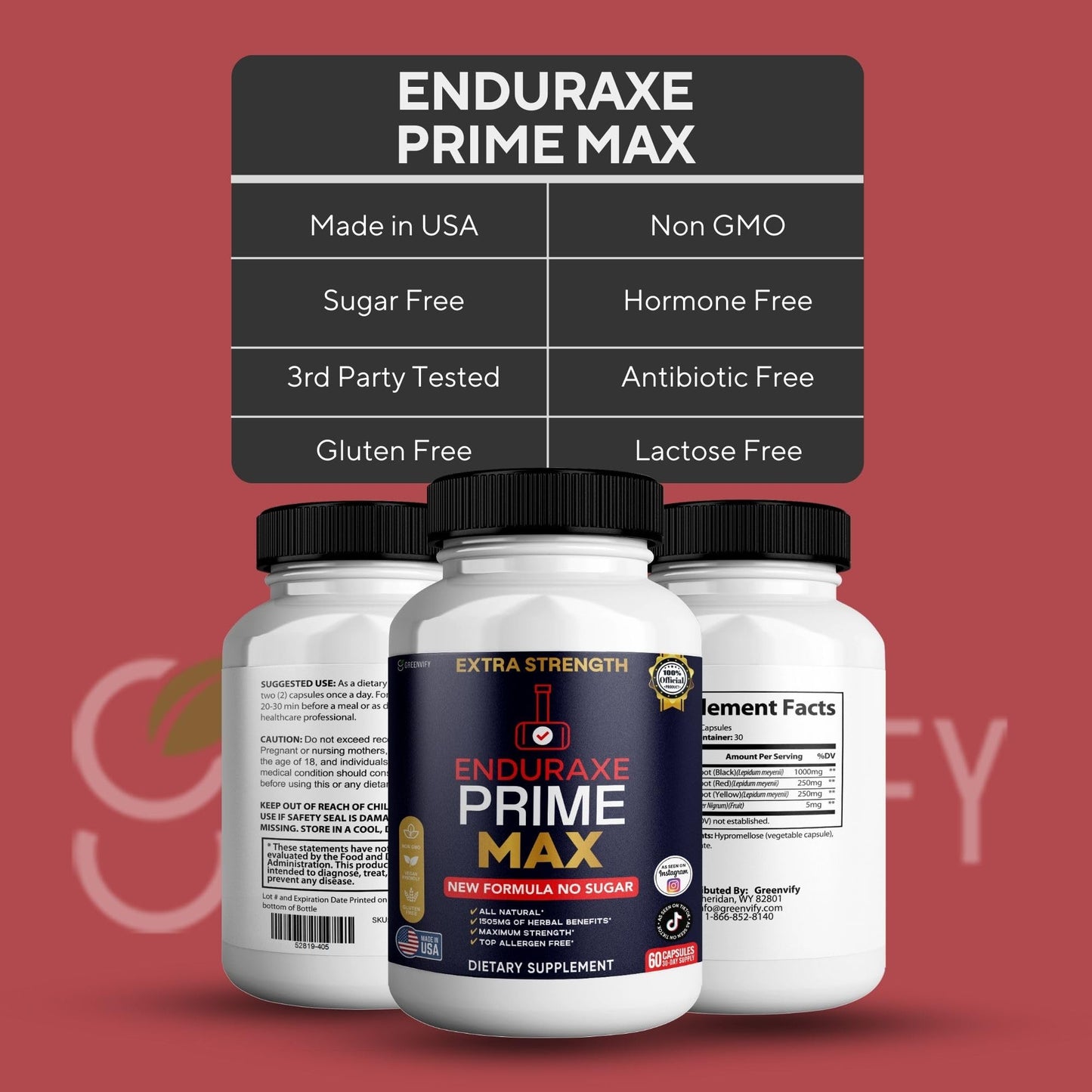 GREENVIFY Enduraxe Prime Max Extra Strength Organic Maca Root Supplement Capsules, 60 Count