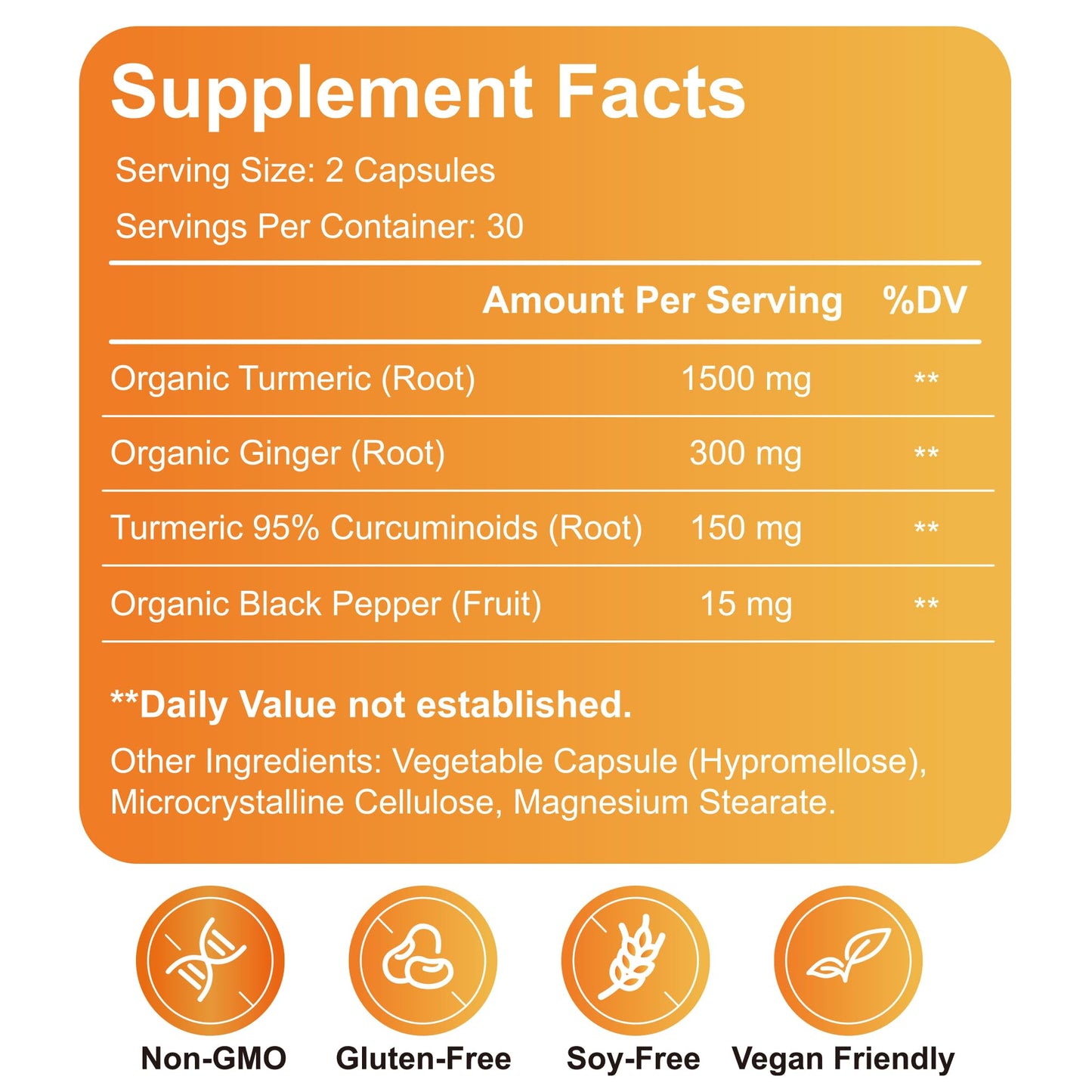 Generic Turmeric Ginger Complex 1500mg Organic Turmeric Root with Curcuminoids, Ginger & Black Pepper Capsules, 60 Count