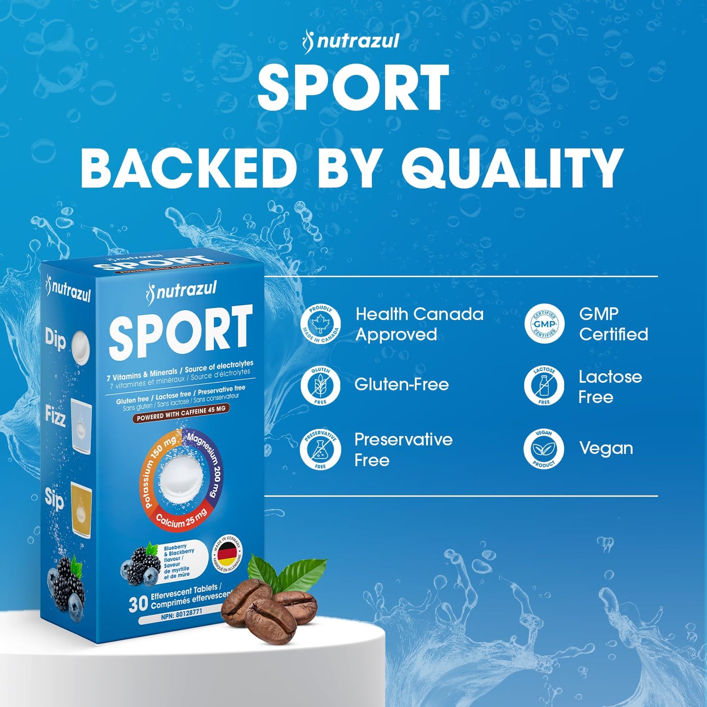 Nutrazul Sports Effervescent Tablets, Electrolytes & 7 Vitamins & Minerals, Daily Hydration and Energy, 45mg Caffeine, Blueberry & BlackBerry Flavor, 30 Count