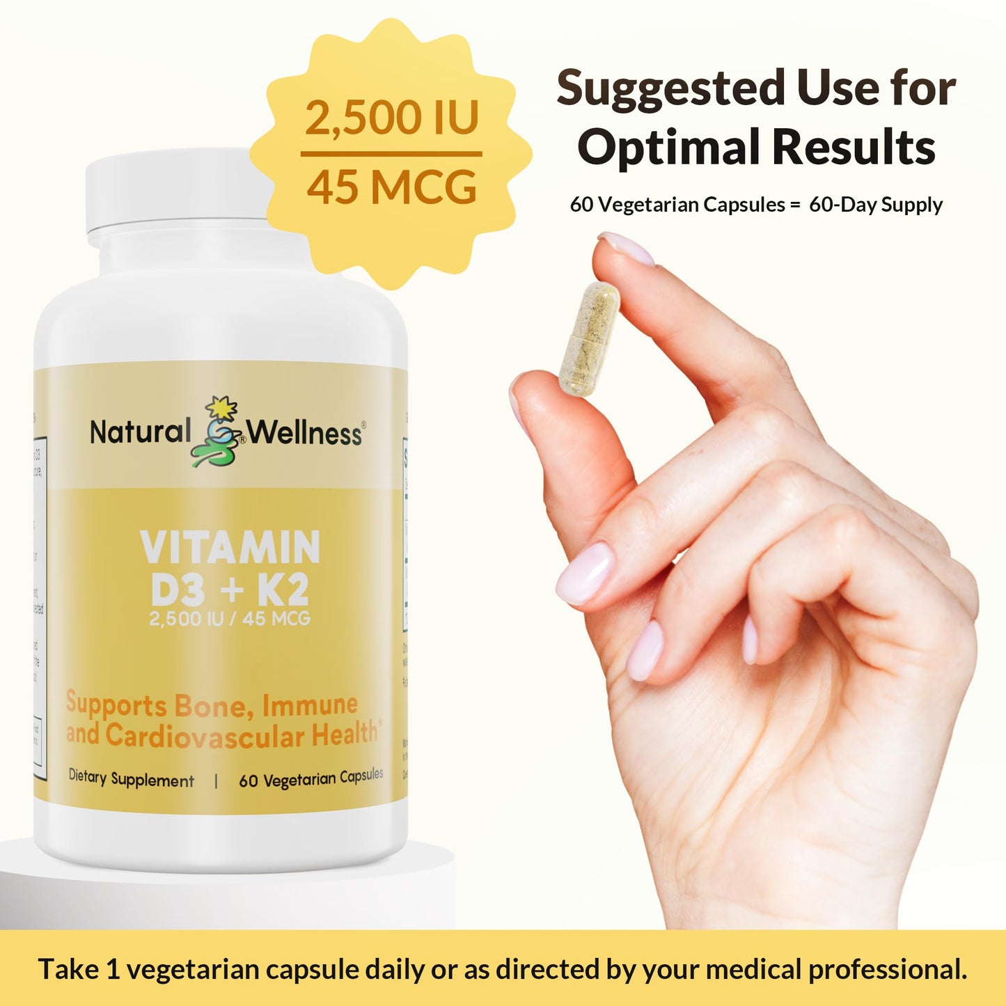 Natural Wellness Vitamin D3 + K2 High Potency Vitamin D3 2500 IU & K2 MK-7 45 mcg 120 Capsules