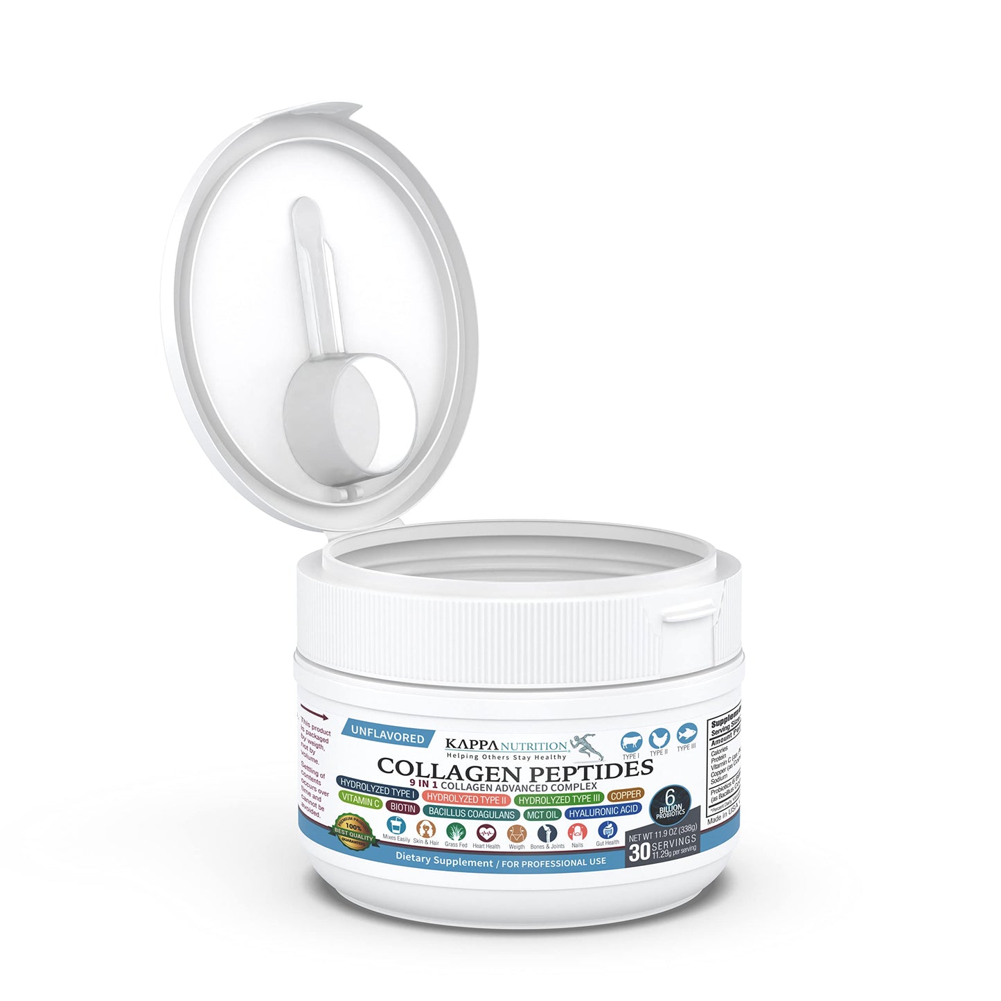 KAPPA NUTRITION Collagen Type I, II, III 9 in 1 Powder with 6 Billion Probiotics, Hyaluronic Acid, Vitamin C, Biotin, Copper & MCT Oil for Beautiful Hair, Nails & Skin, 1 Pack