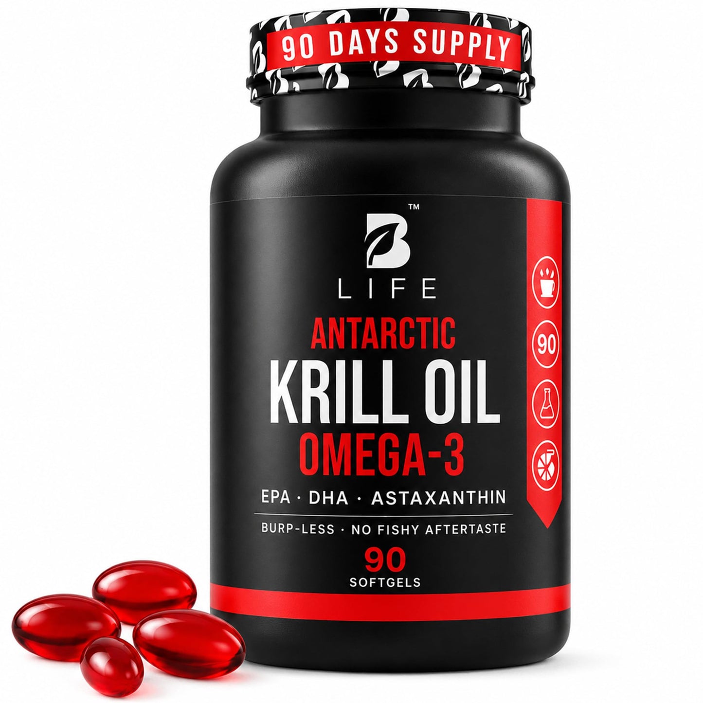 B Life Company Antarctic Krill Oil Omega-3 High-Absorption Phospholipid with EPA, DHA & Astaxanthin 90 Capsules