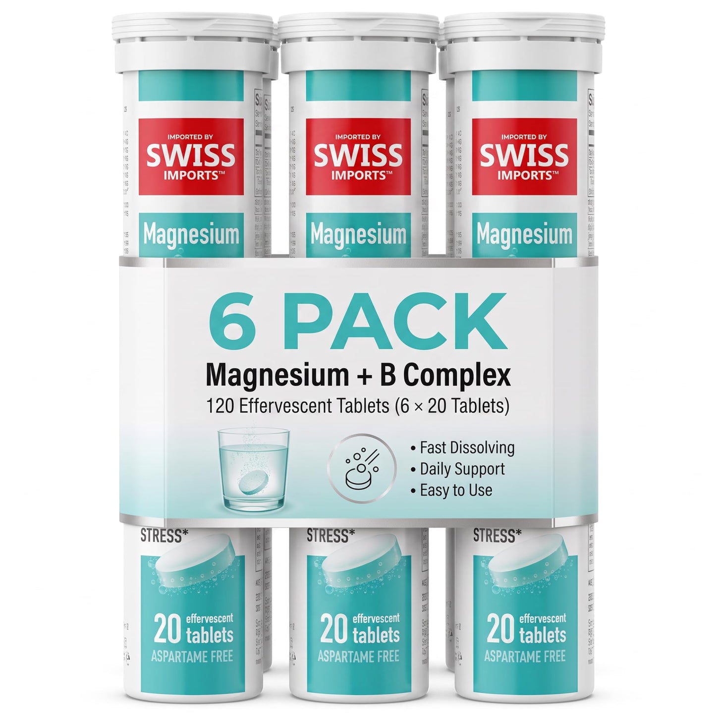 Swiss Imports Effervescent Magnesium + B Complex Dietary Supplement Tablet, 6-Pack