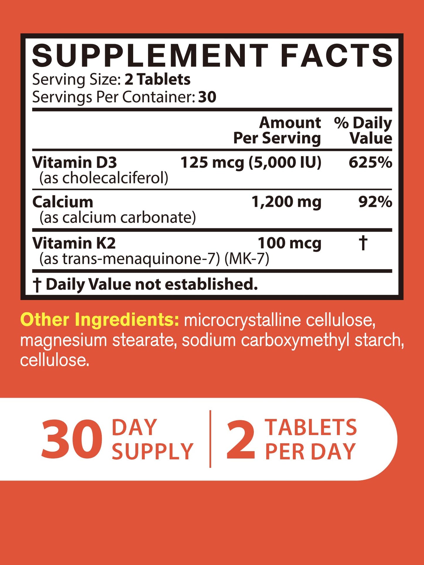 Vitacook Calcium Supplements for Women & Men, 1200 mg with Vitamin D3 K2, 5000 IU D3, 100 mcg MK-7, Non-GMO, 60 Tablets