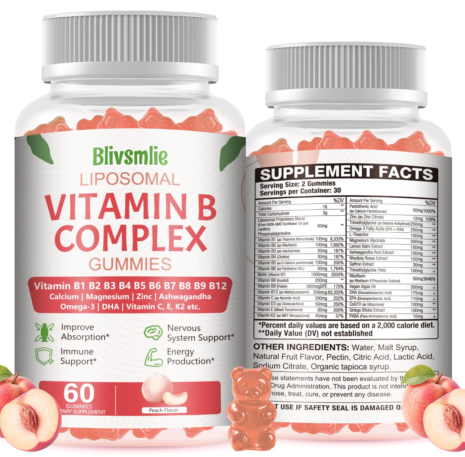 Blivsmlie 33-IN-1 Liposomal Overall 3500mg + Vitamin B Complex Gummies, 60 Count