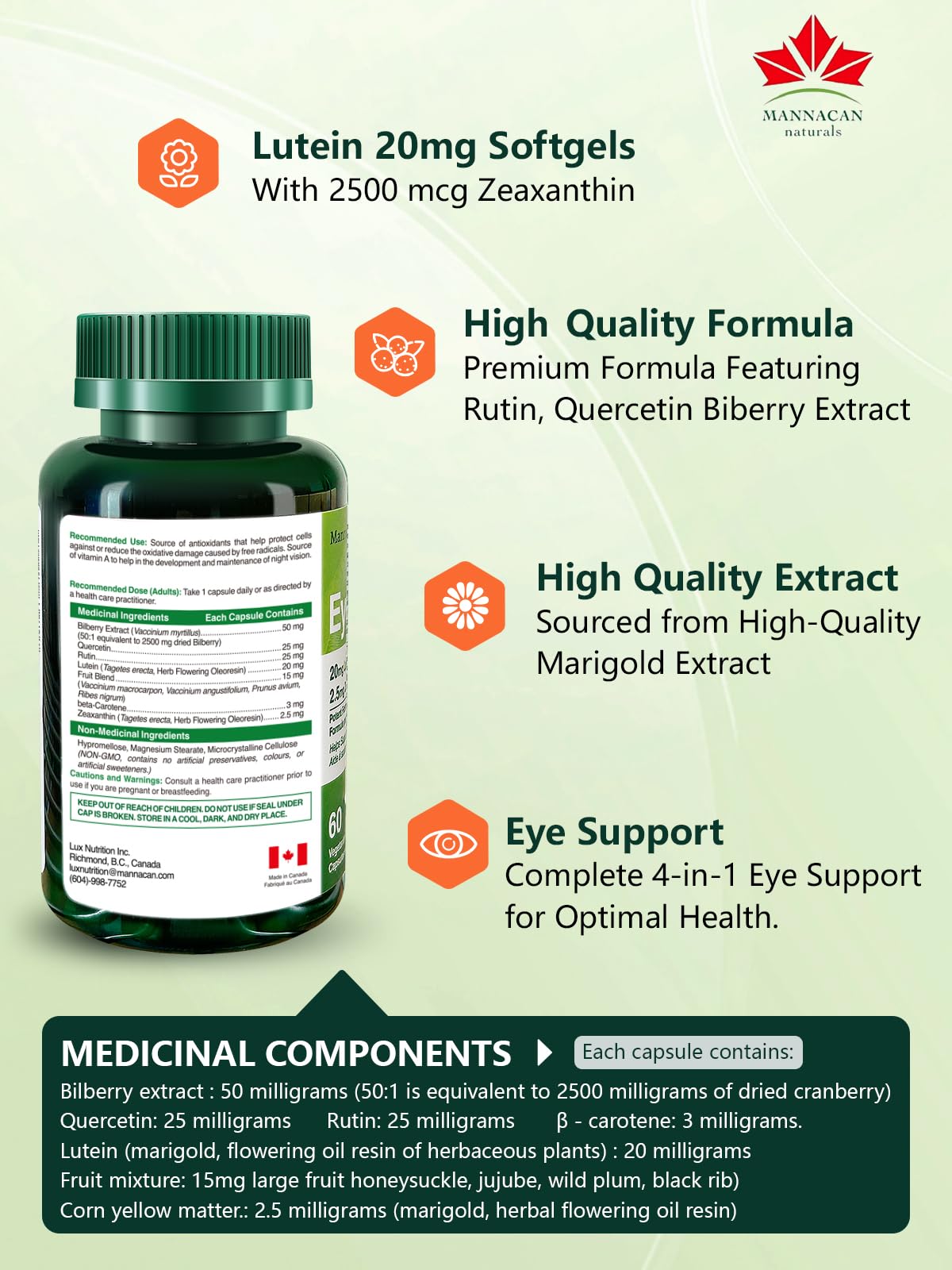 MANNACAN NATURALS Lutein 20mg & Zeaxanthin Eye Health Capsules, 60 Count
