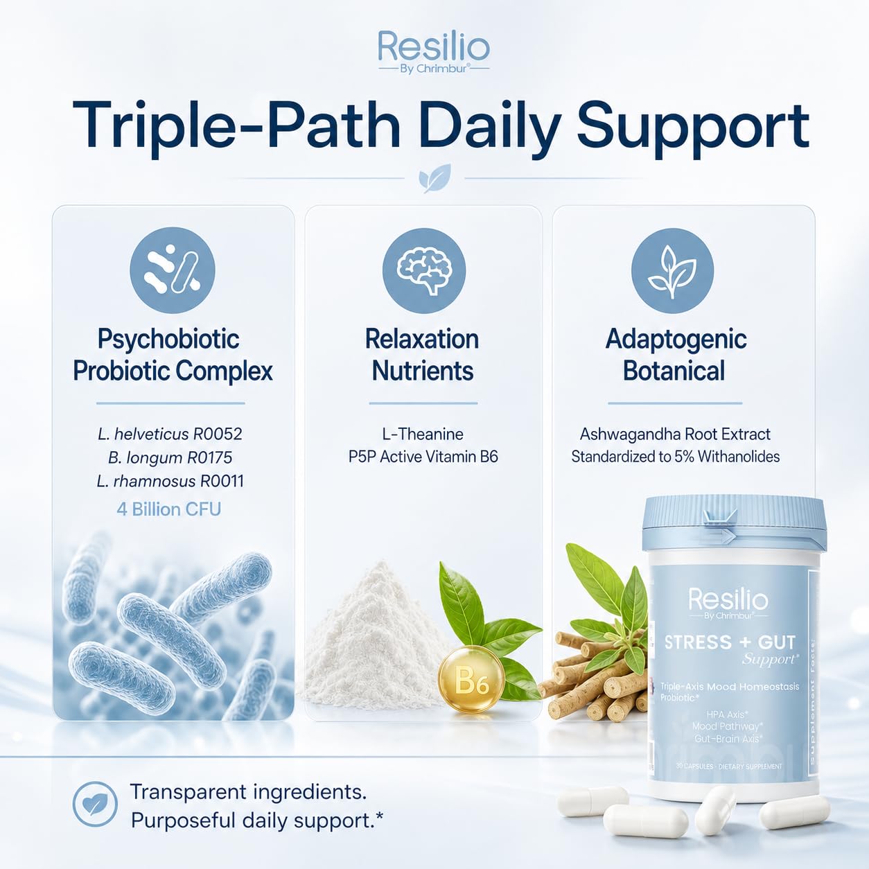 CHRIMBUR Resilio Stress+Gut Support Mood & Stress Probiotic for Women & Men Brain-Gut Axis Formula 30 Capsules