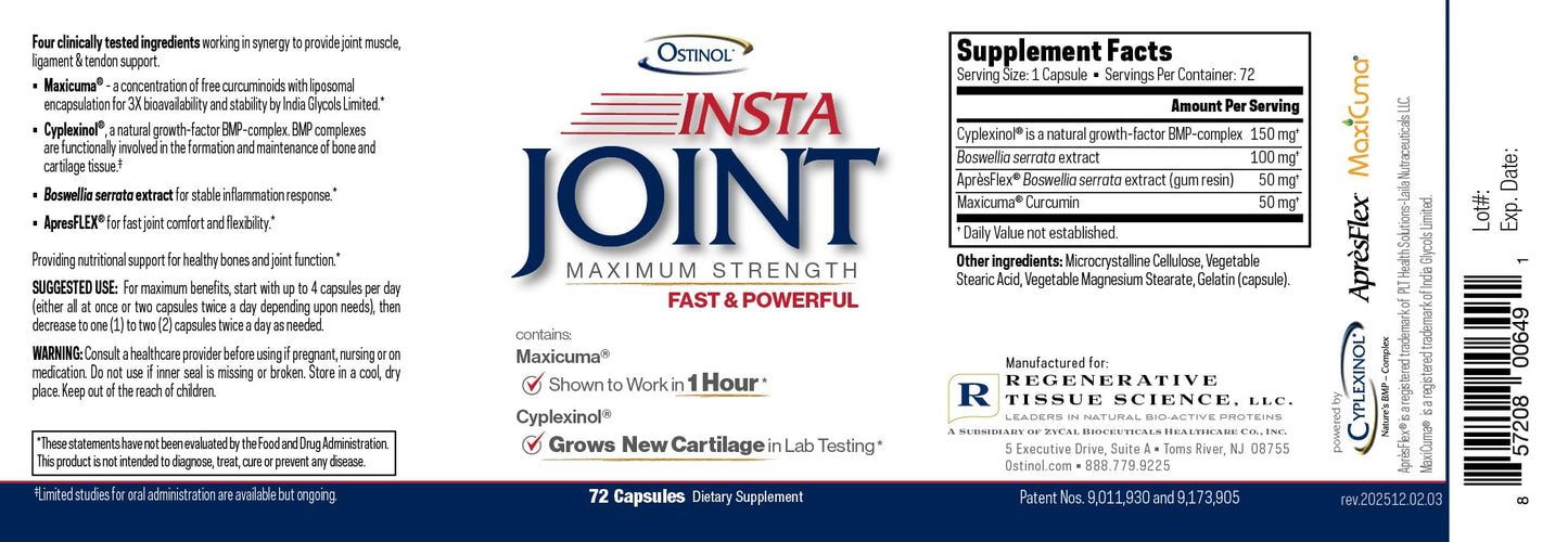 ZYCAL Ostinol Insta Joint Maximum Strength Advanced Joint Support Capsules, 72 Capsules
