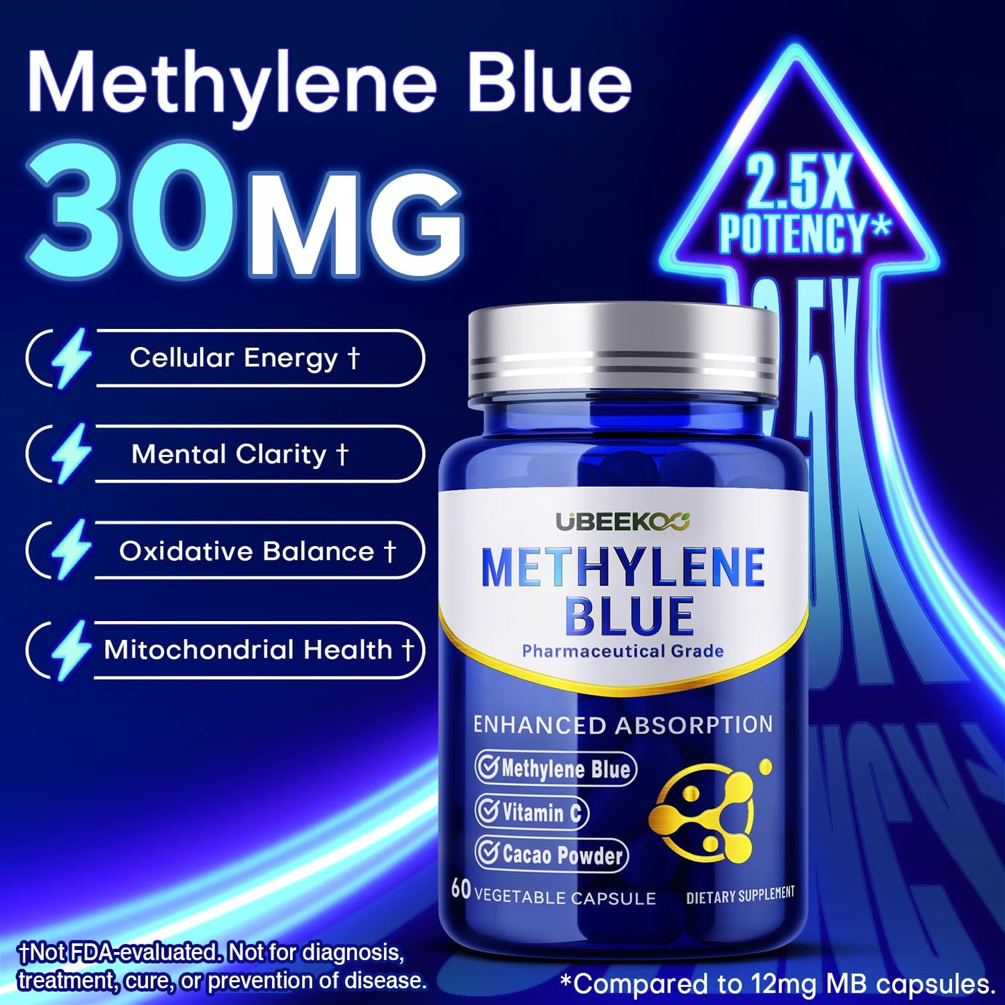 UBEEKOO Methylene Blue 30mg Capsules, 60 Count