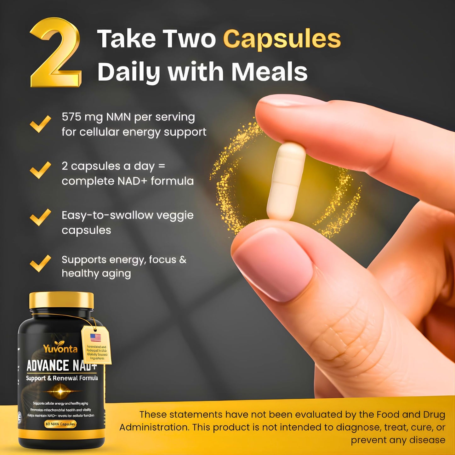 Yuvonta NMN 250mg NAD+ Supplement – Cellular Energy & Mitochondrial Support with CoQ10, PQQ & Rhodiola – Anti-Fatigue, Focus & Longevity Support, 60 Capsules