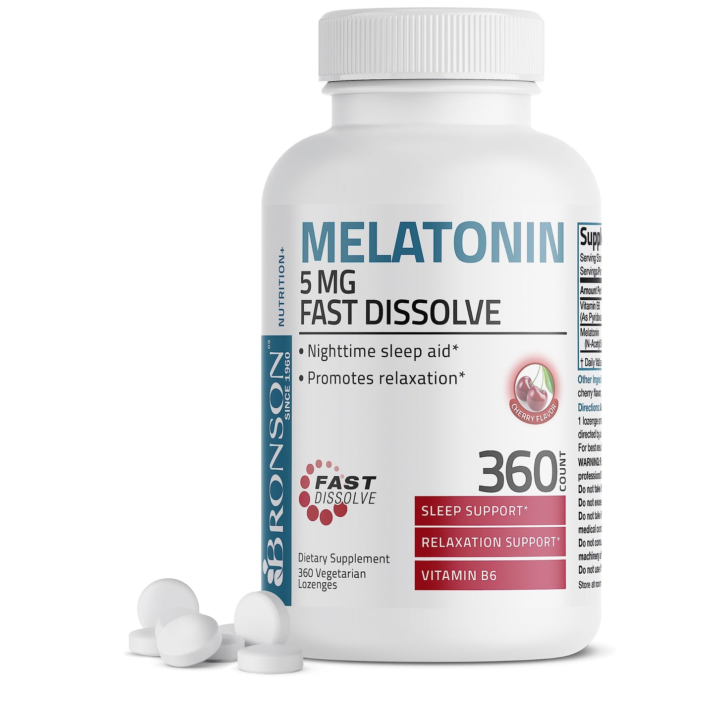 Bronson Melatonin 5mg Fast Dissolve Cherry Flavor Tablets with Vitamin B6 Nighttime Sleep Aid, 360 Tablets