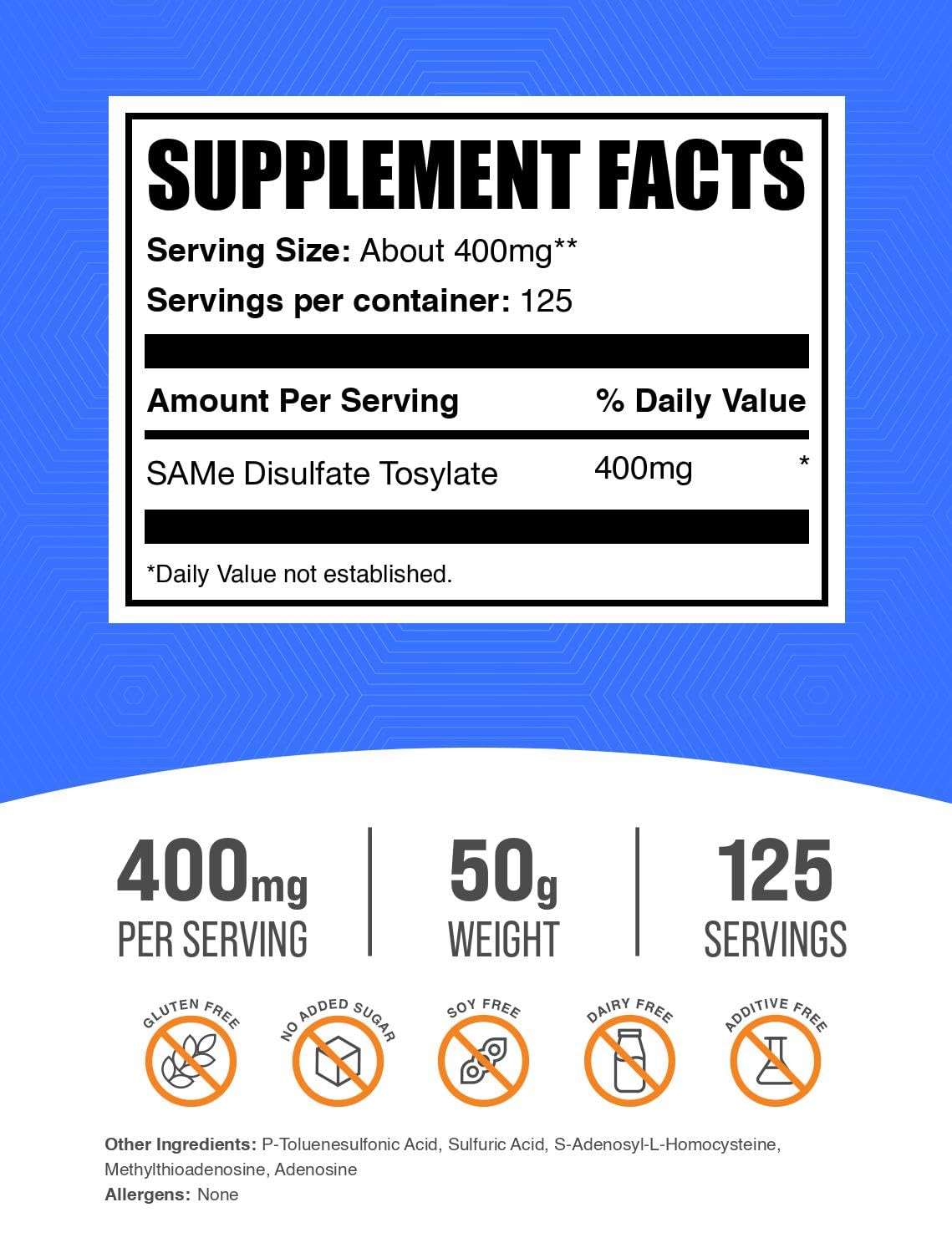 BulkSupplements S-Adenosyl-L-Methionine (SAM-e) Powder, 400mg per Serving, 1.76 oz