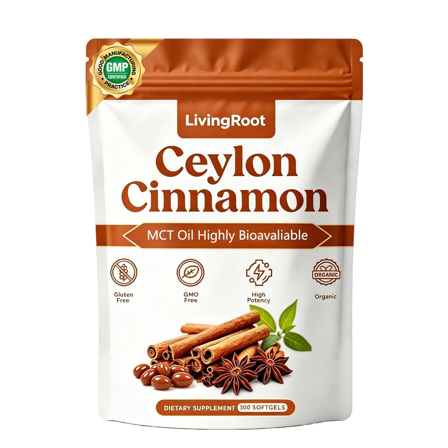 LivingRoot Ceylon Cinnamon Capsule with MCT Oil, 300 Count