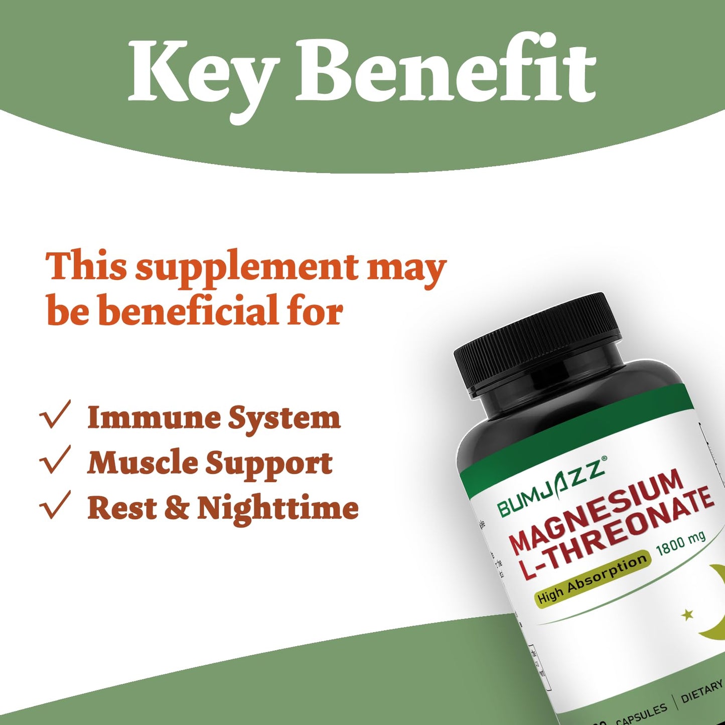 Bumjazz Magnesium L-Threonate Capsules 1800mg – 120 Count – High Absorption Magnesium Supplement for Rest and Cognitive Function Support