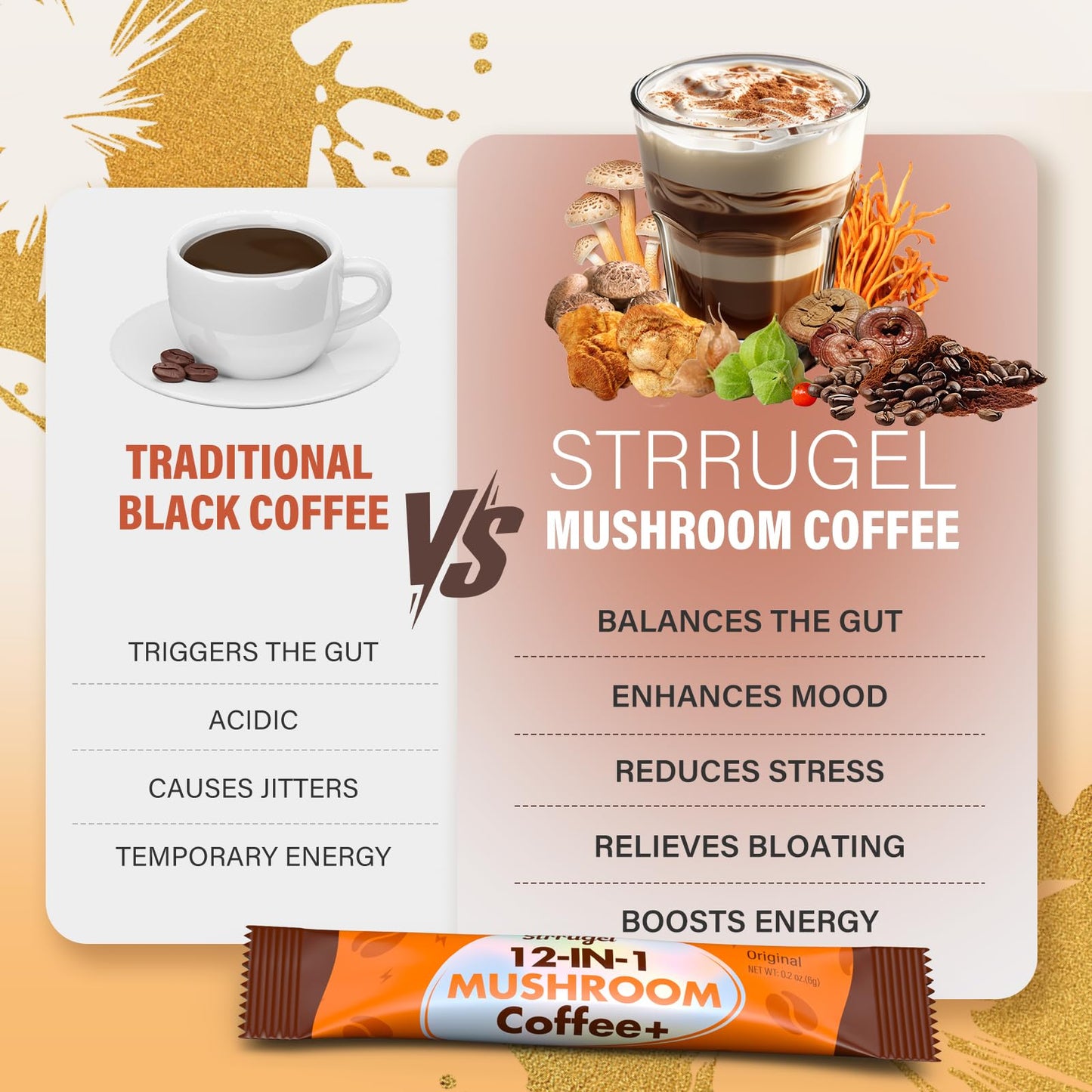 strrugel Organic Mushroom Coffee with Lion’s Mane & Reishi - 9 Functional Mushrooms + Ashwagandha for Focus, Energy & Stress Relief - Low Caffeine Instant Coffee Sticks Powder 6.7 Ounce