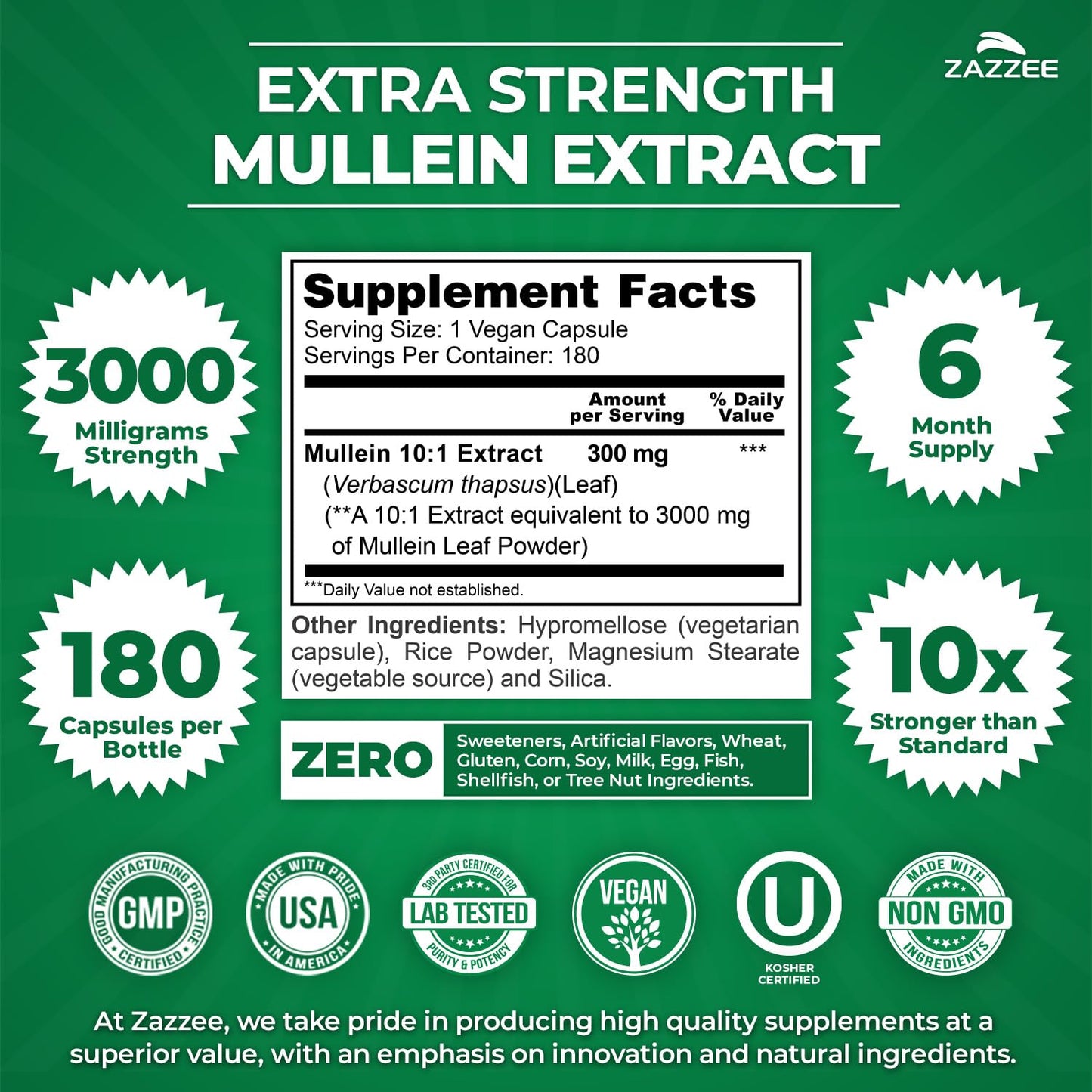 Zazzee Extra Strength Mullein Leaf 10:1 Extract Capsules, 180 Count