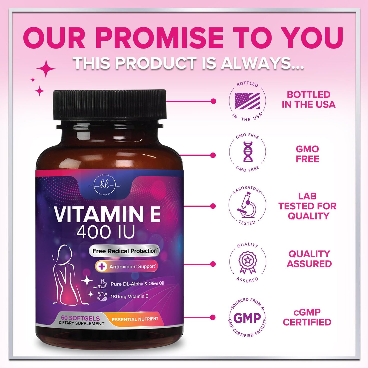 Hello Lovely! Vitamin E 180 mg per Serving dl-Alpha VitaminE Immune Health Support Softgels 60