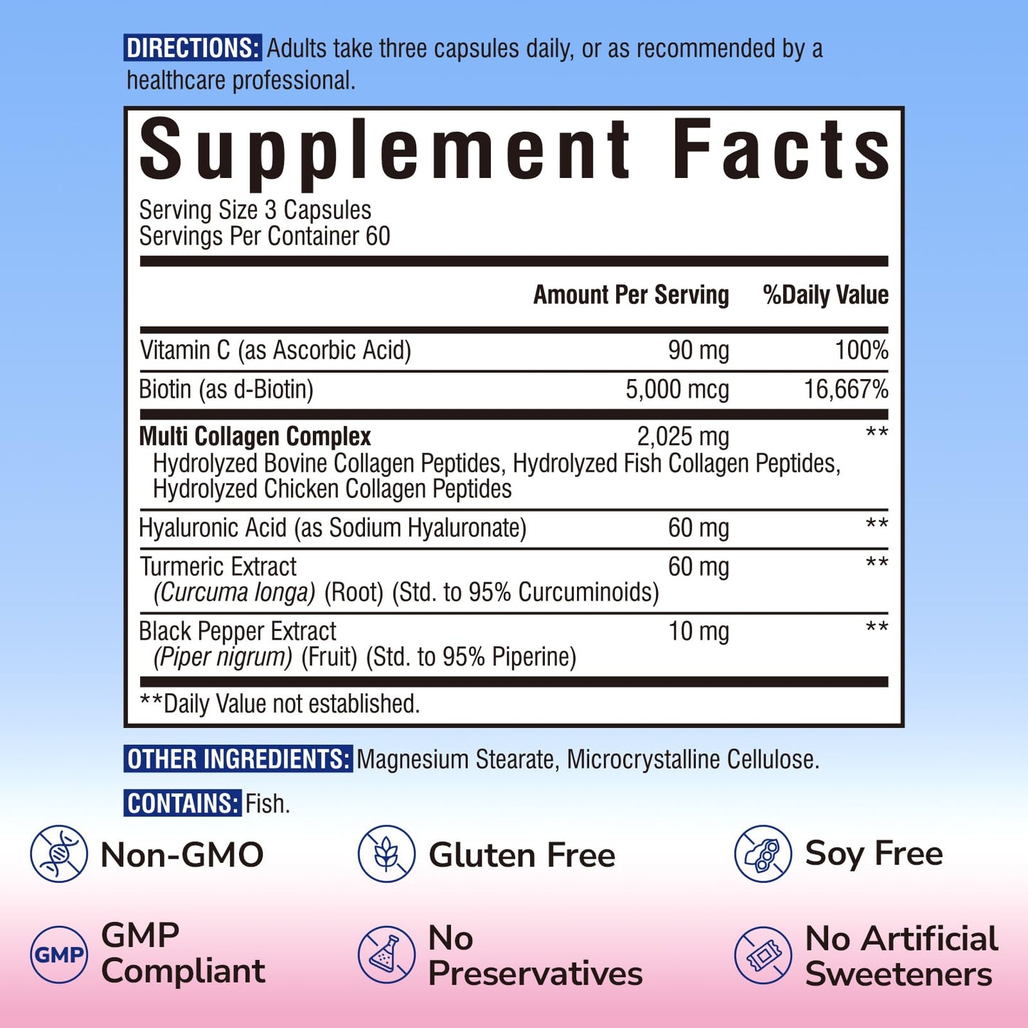 Vitalibre Multi Collagen Peptides, Hydrolyzed, Type I, II, III, Vitamin C, Biotin, Hyaluronic Acid, Turmeric & Black Pepper, Skin, Hair, Nail & Mobility Support Capsules, 180