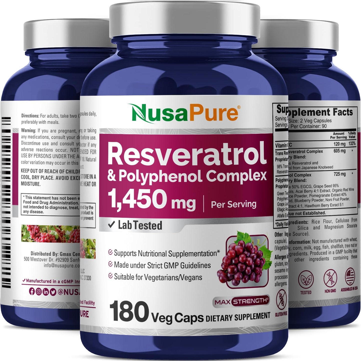 NusaPure Resveratrol & Polyphenol 1450mg, Non-GMO, Vegan, 180 Capsules