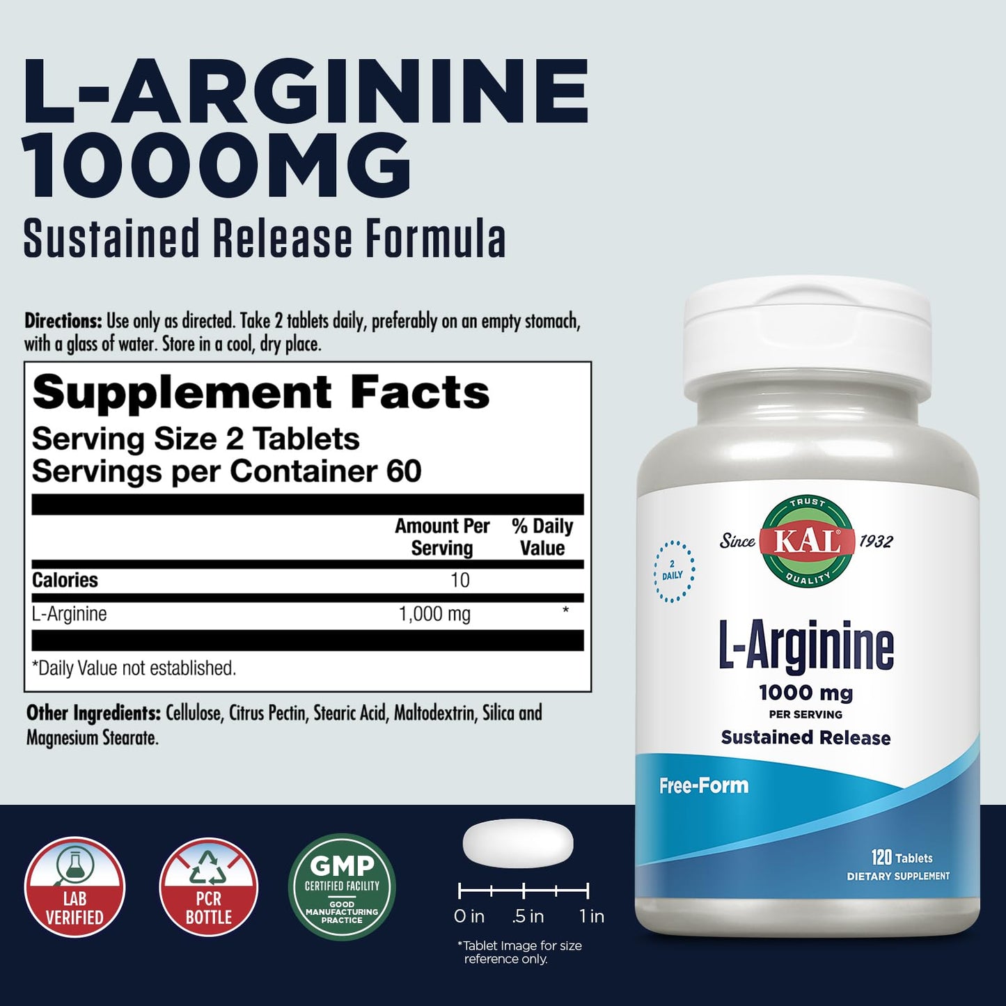 KAL L-arginine 1000 mg Tablets, 120 Count