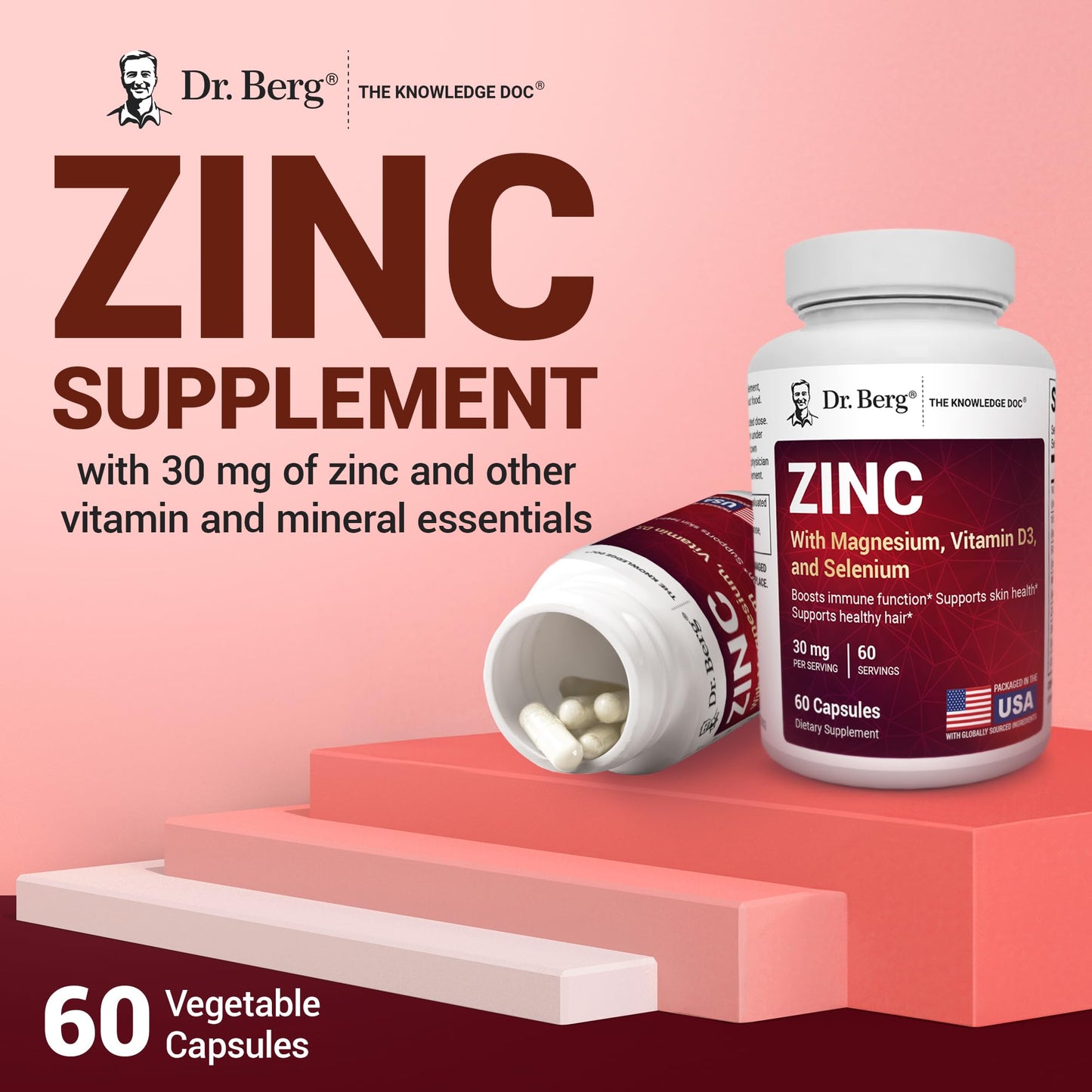 Dr. Berg Nutritionals Zinc 30mg Enhanced with Magnesium, Vitamin D3, Selenium, & Copper - Chelated Zinc for Immune, Skin, Hair, & Nails Support, Capsules, 60 Count