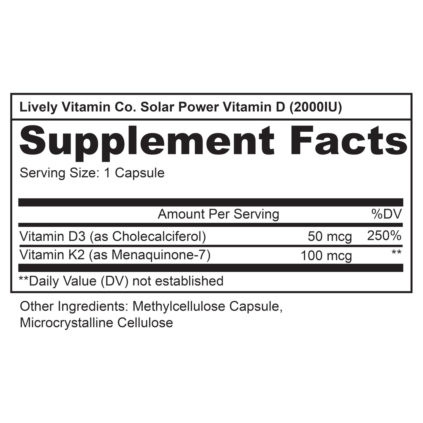 LIVELY VITAMIN CO Solar Power Vitamin D3 2000 iu - Patented Vitamin K - MK7 - Immune Balance - Brain Function - Mood - Heart - Stress Capsule, 180 Count