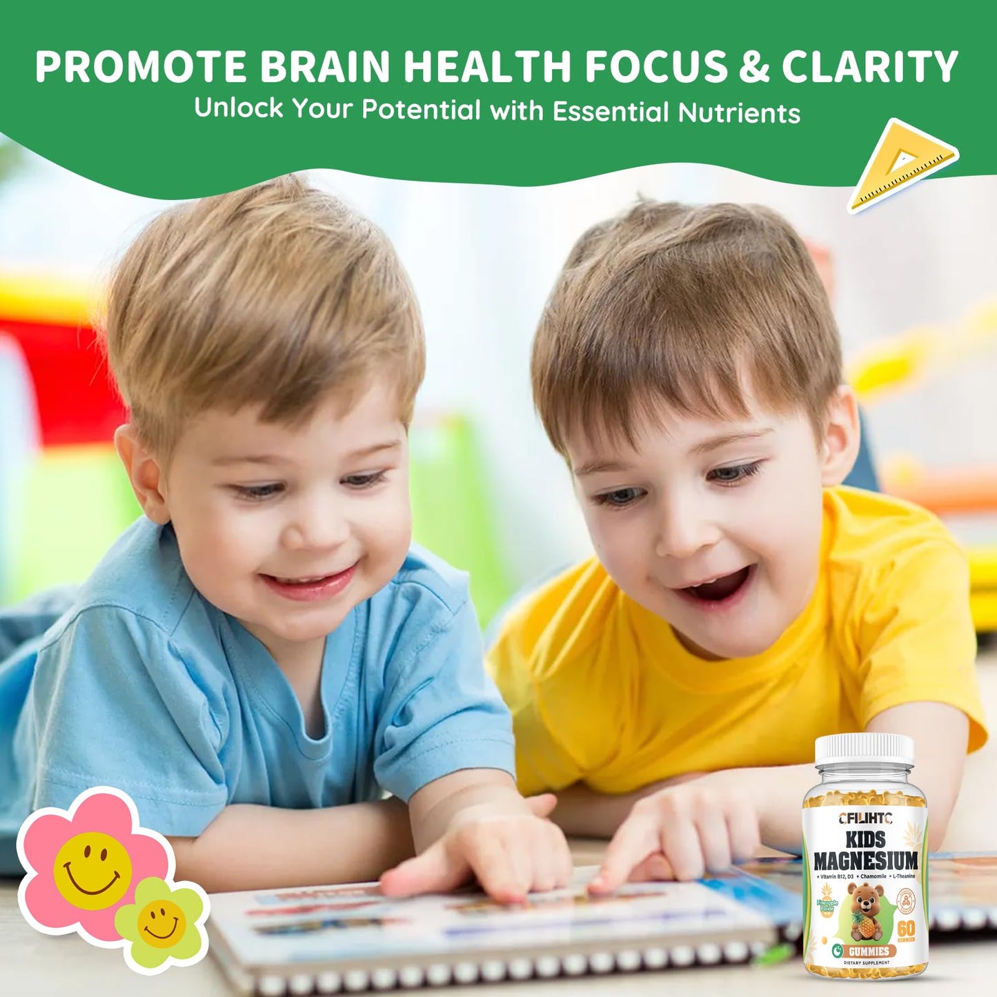 CFILIHTC Kids Magnesium Glycinate Gummies with Citrate, Zinc, Vitamin D3, B12, L-Theanine, Pineapple Flavor, 60 Gummies