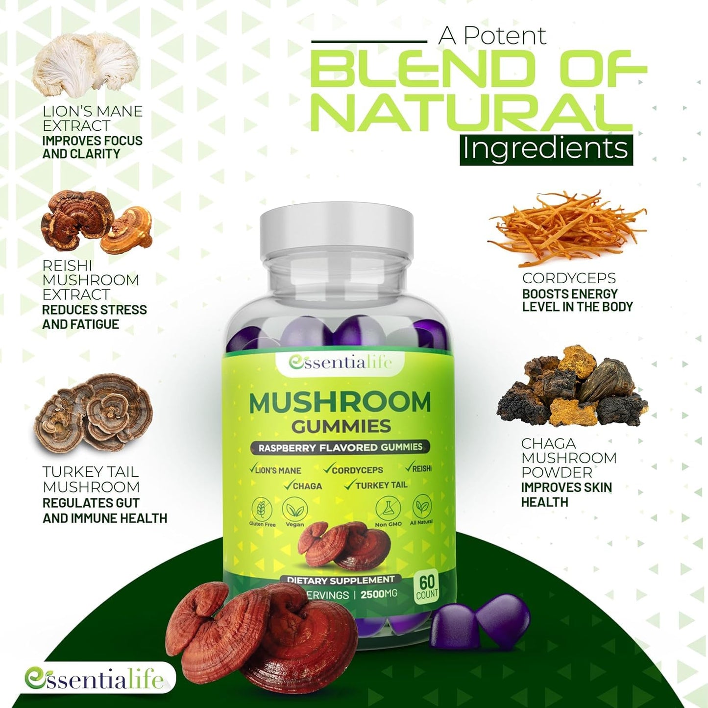 Essentialife Mushroom Gummies Lions Mane Supplement, 180 Count