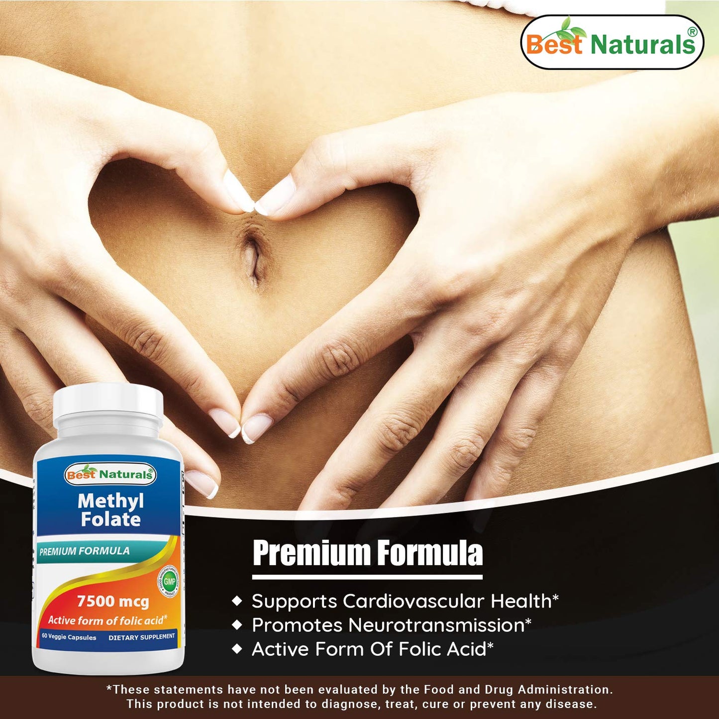 Best Naturals Methyl Folate 7500 mcg (7.5 mg) Veggie Capsule, 60 Count
