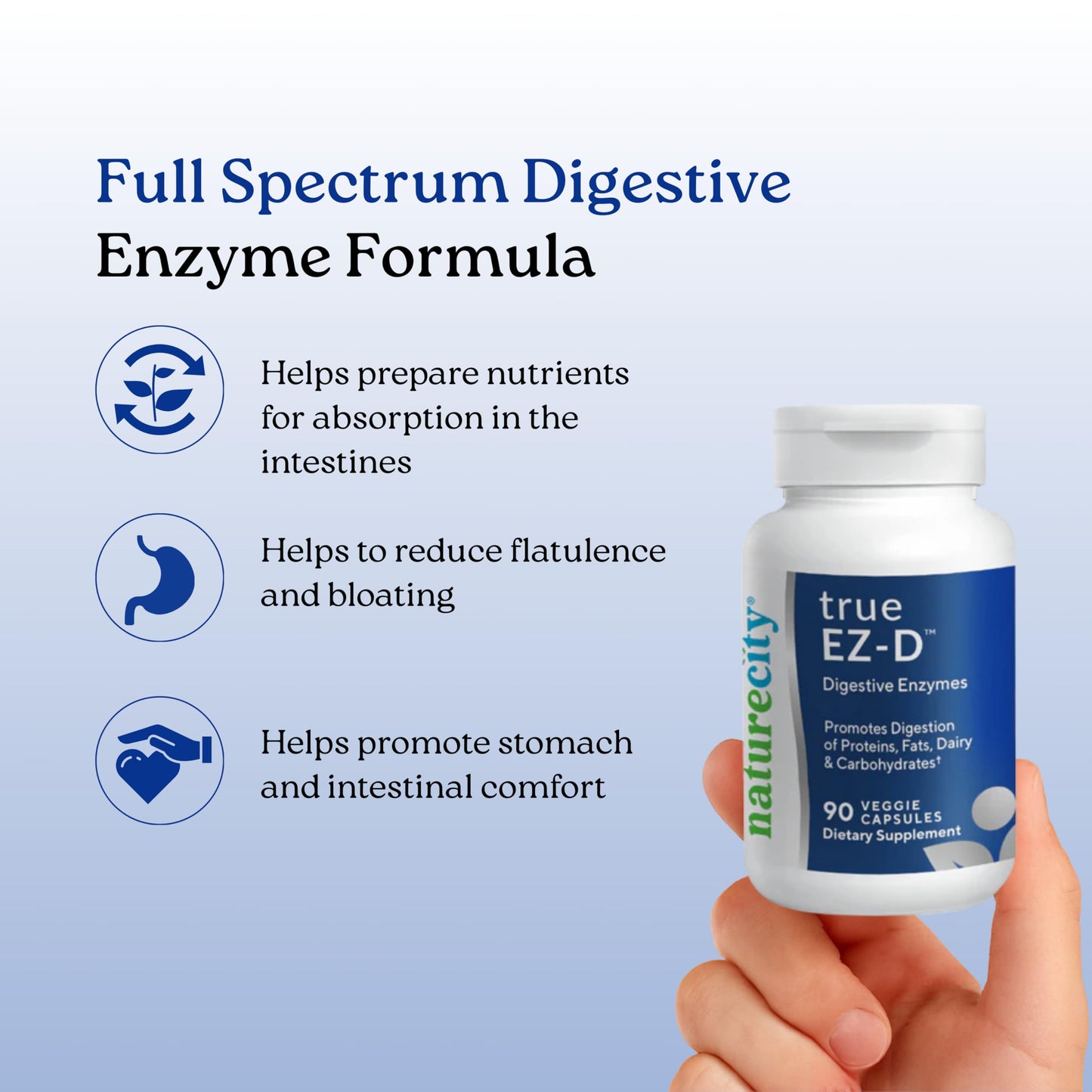 NatureCity True-EZ-D Non-GMO Digestive Enzyme Complex Supplement for Digestive Health and Bloating Relief for Men and Women Capsule 90 Capsules