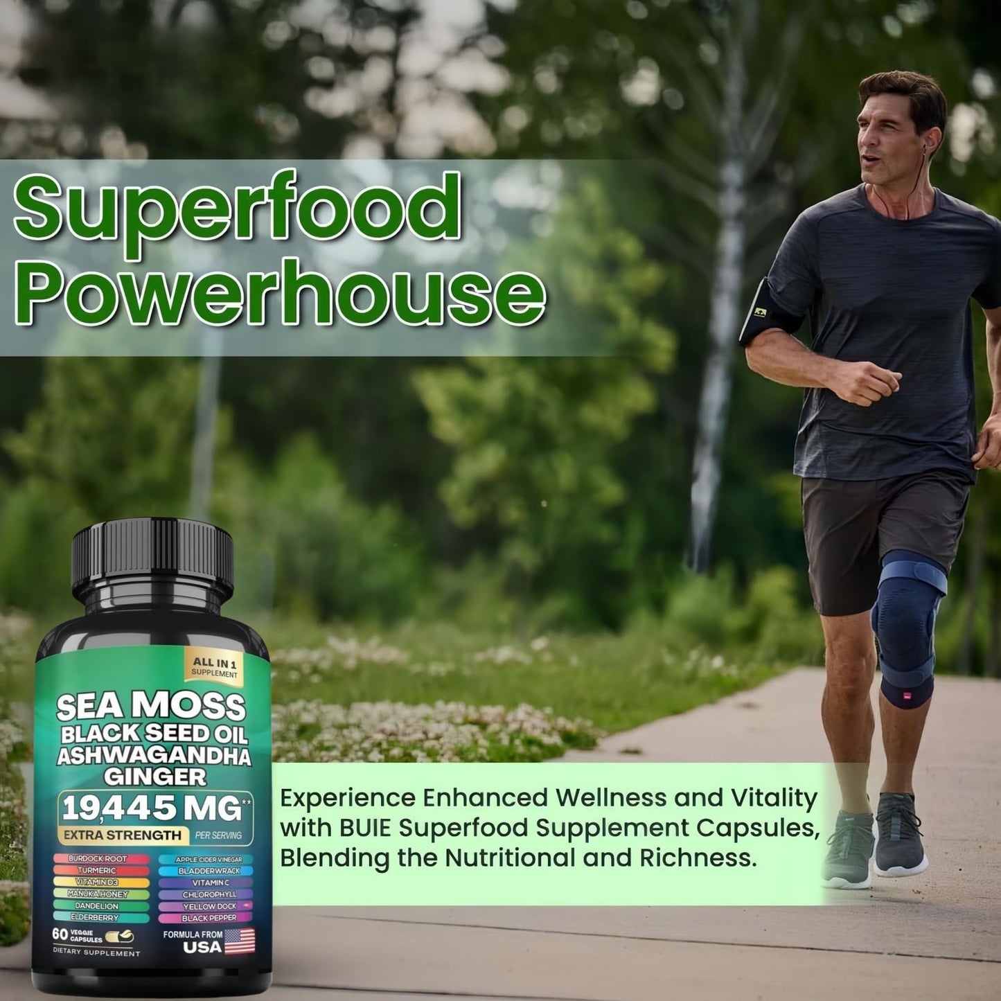 HealthyFinds Sea Moss Black Seed Oil Ashwagandha Ginger Capsules with Turmeric, Bladderwrack, Burdock, Vitamin C & D3, Elderberry, Manuka, Dandelion, Yellow Dock, Iodine, Chlorophyll, ACV, 60 Capsules