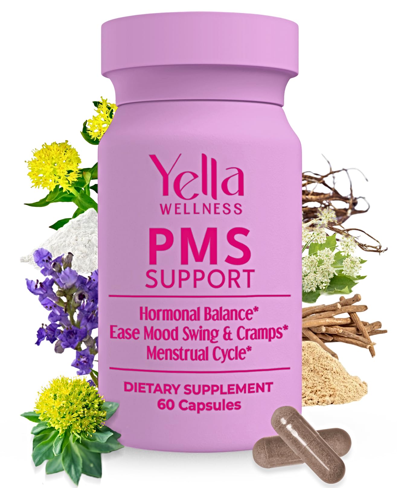 YELLA WELLNESS Hormone Balance for Women PMS Support with Chaste Tree, Dong Quai and Ashwagandha Capsules, 60 Count