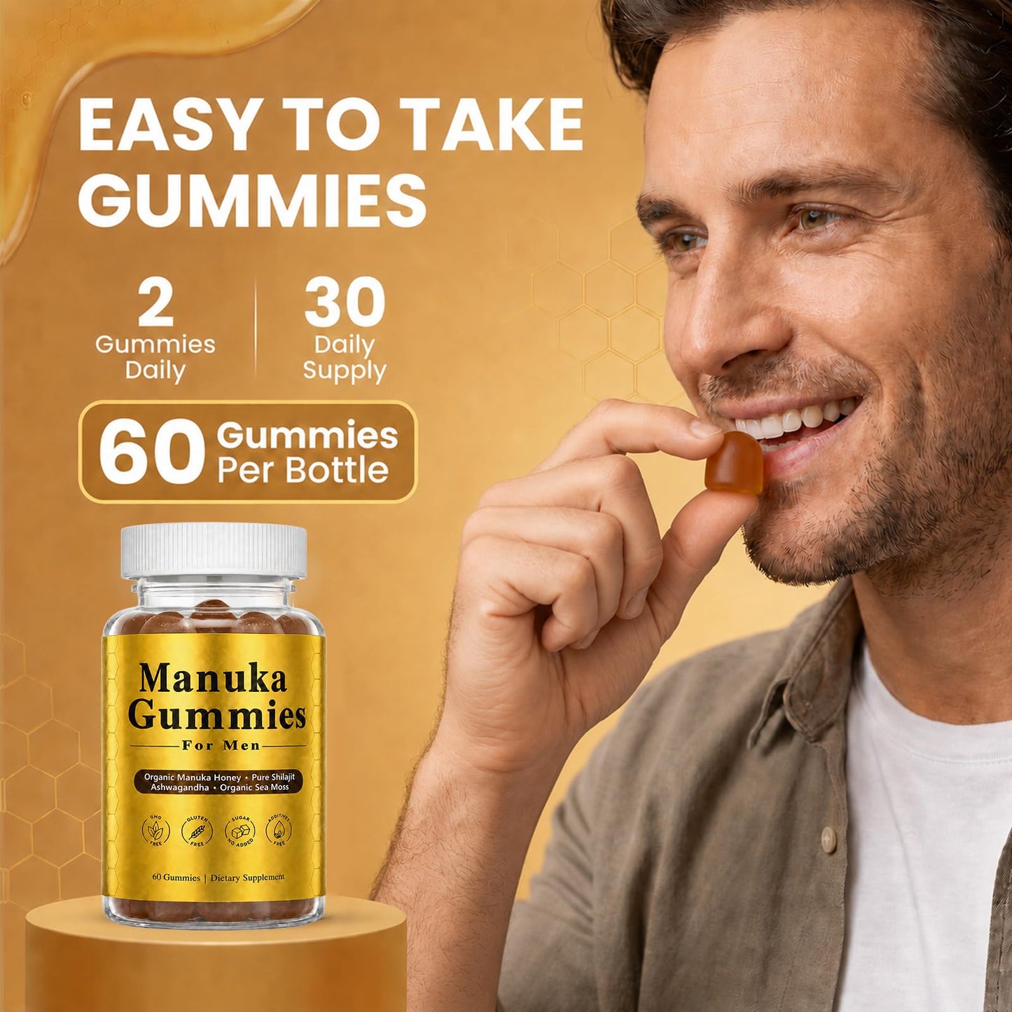 Plutarn Manuka Honey for Men with Shilajit, Ashwagandha, Sea Moss Gummy, 60 Gummies