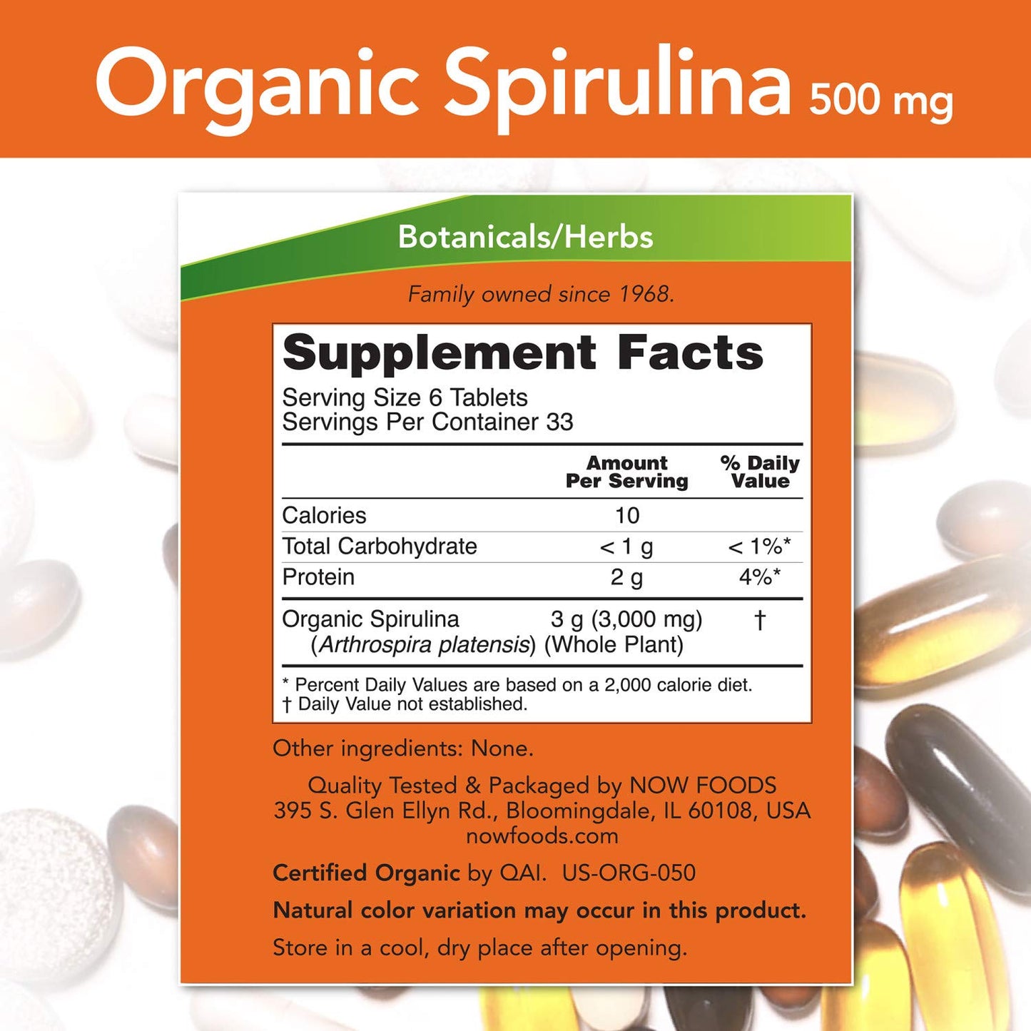 NOW Foods Organic Spirulina 500 mg with Vitamins, Minerals and GLA, 400 Tablets