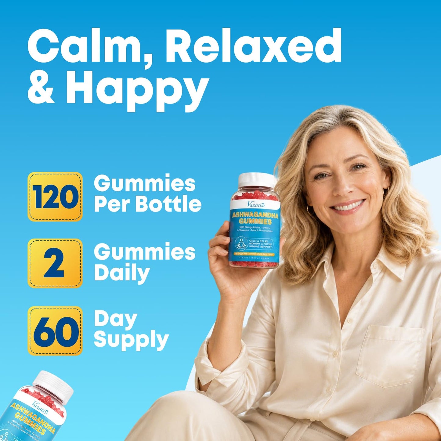 Vazatisi Ashwaganda Gummies with Turmeric GABA Mood Energy and Immune Support, 120 Gummies