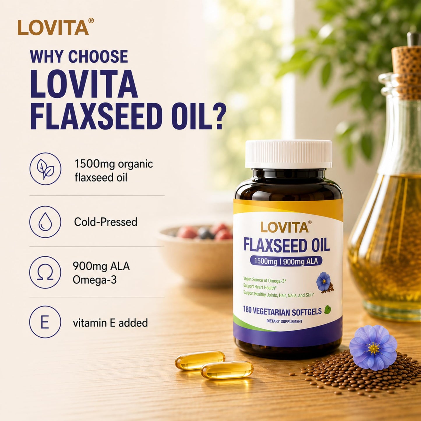 LOVITA Vegan Flaxseed Oil 1500mg, 900mg ALA Softgels, 180 Count